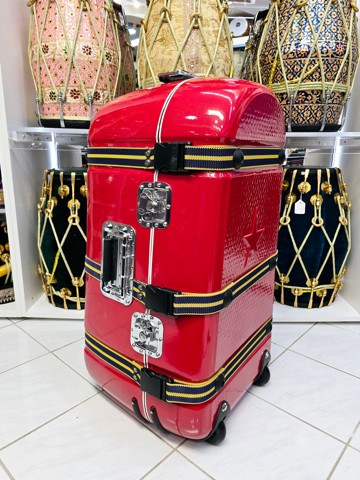 Crimson Caravan: Red Tabla/Dholak Case with Fixed Wheels