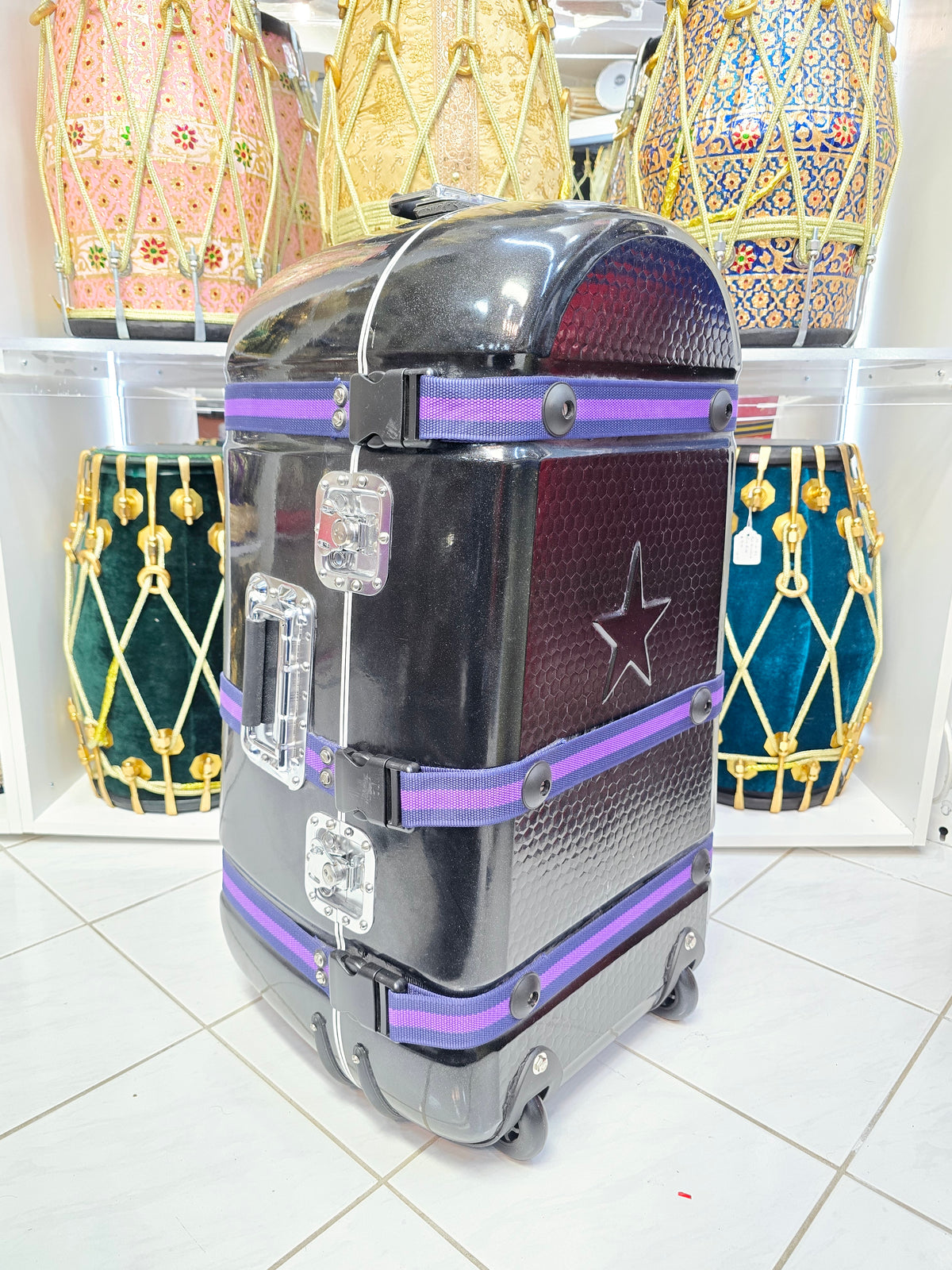 Noir Harmony: Black Tabla/Dholak Case with Fixed Wheels (Cosmetic Defects)