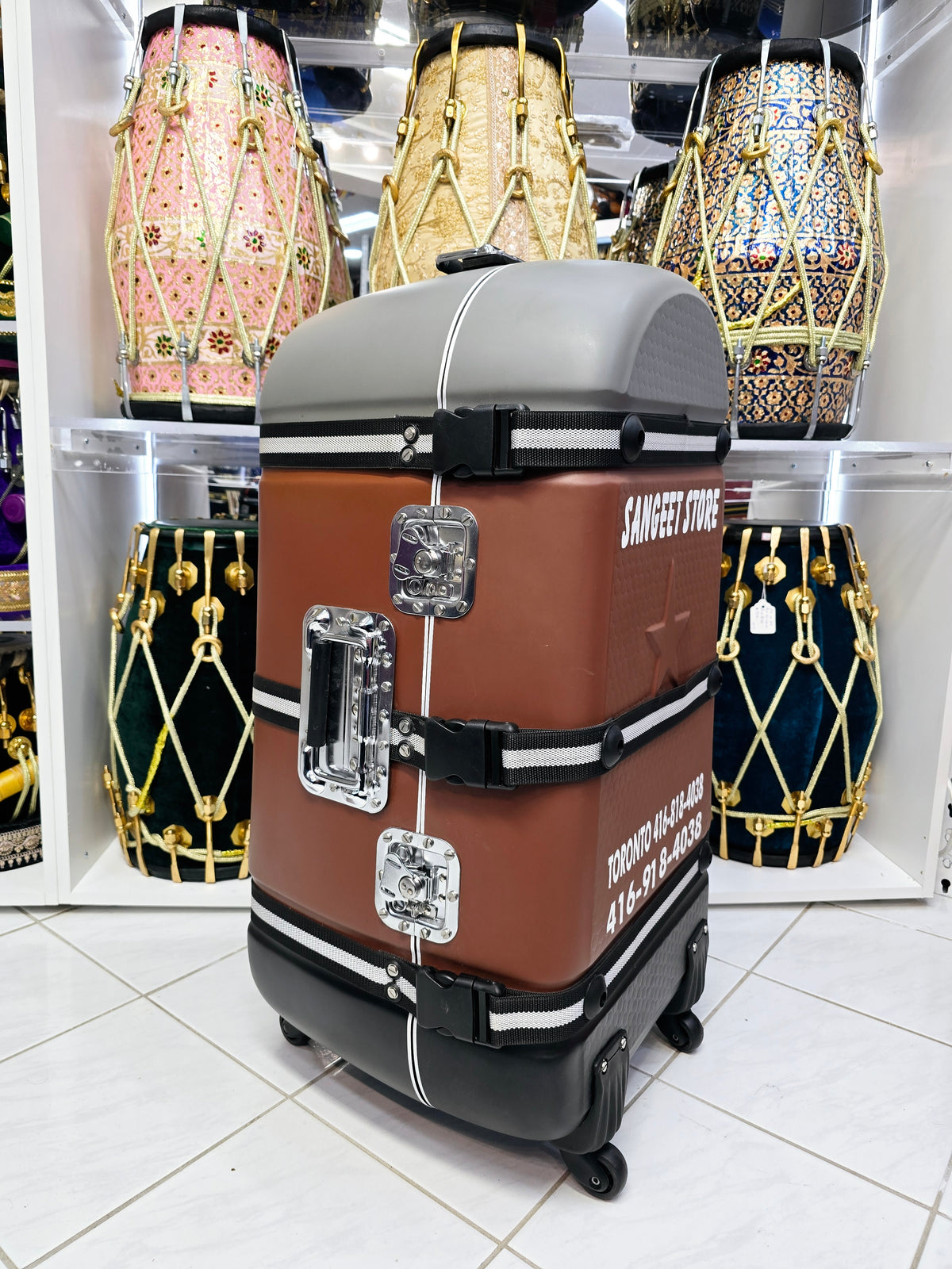 Urban Glide: Matte Gray & Brown Tabla/Dholak Case with 360° Wheels (Minor cosmetic scratch defects on bottom of case)