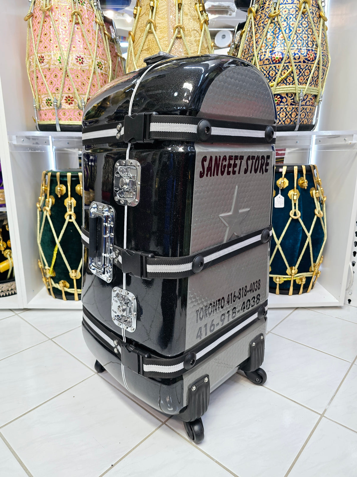 Lustre Line: Glossy Pearl Black and Grey Tabla/Dholak Case with 360° Wheels (Cosmetic Defects) - Sangeet Store