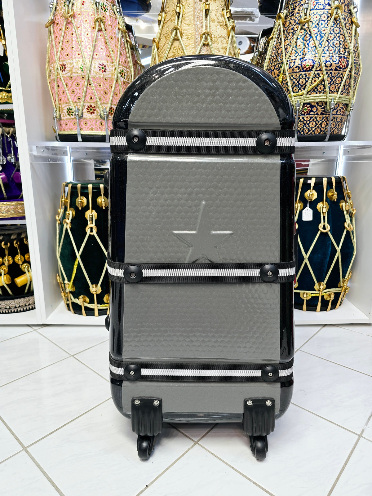 Lustre Line: Glossy Pearl Black and Grey Tabla/Dholak Case with 360° Wheels (Cosmetic Defects) - Sangeet Store
