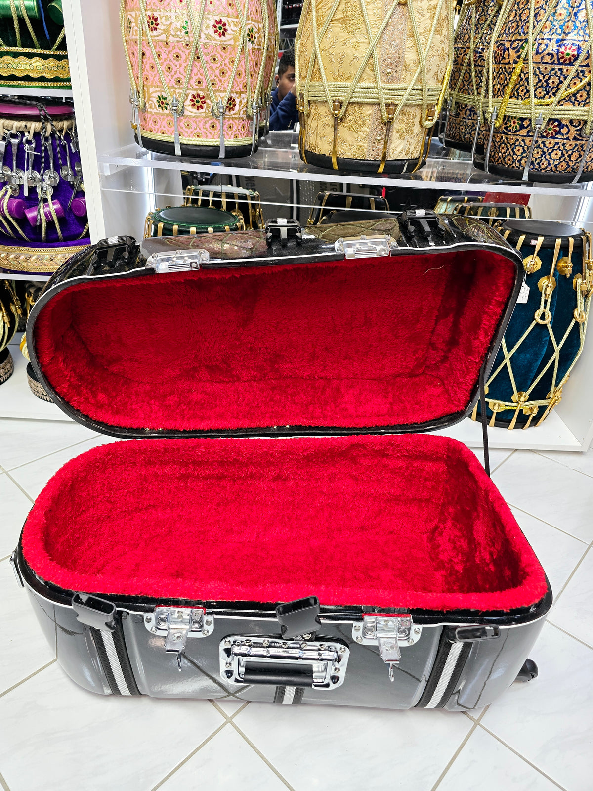 Lustre Line: Glossy Pearl Black and Grey Tabla/Dholak Case with 360° Wheels (Cosmetic Defects) - Sangeet Store