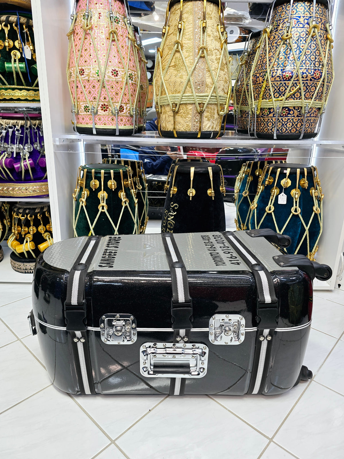Lustre Line: Glossy Pearl Black and Grey Tabla/Dholak Case with 360° Wheels (Cosmetic Defects) - Sangeet Store