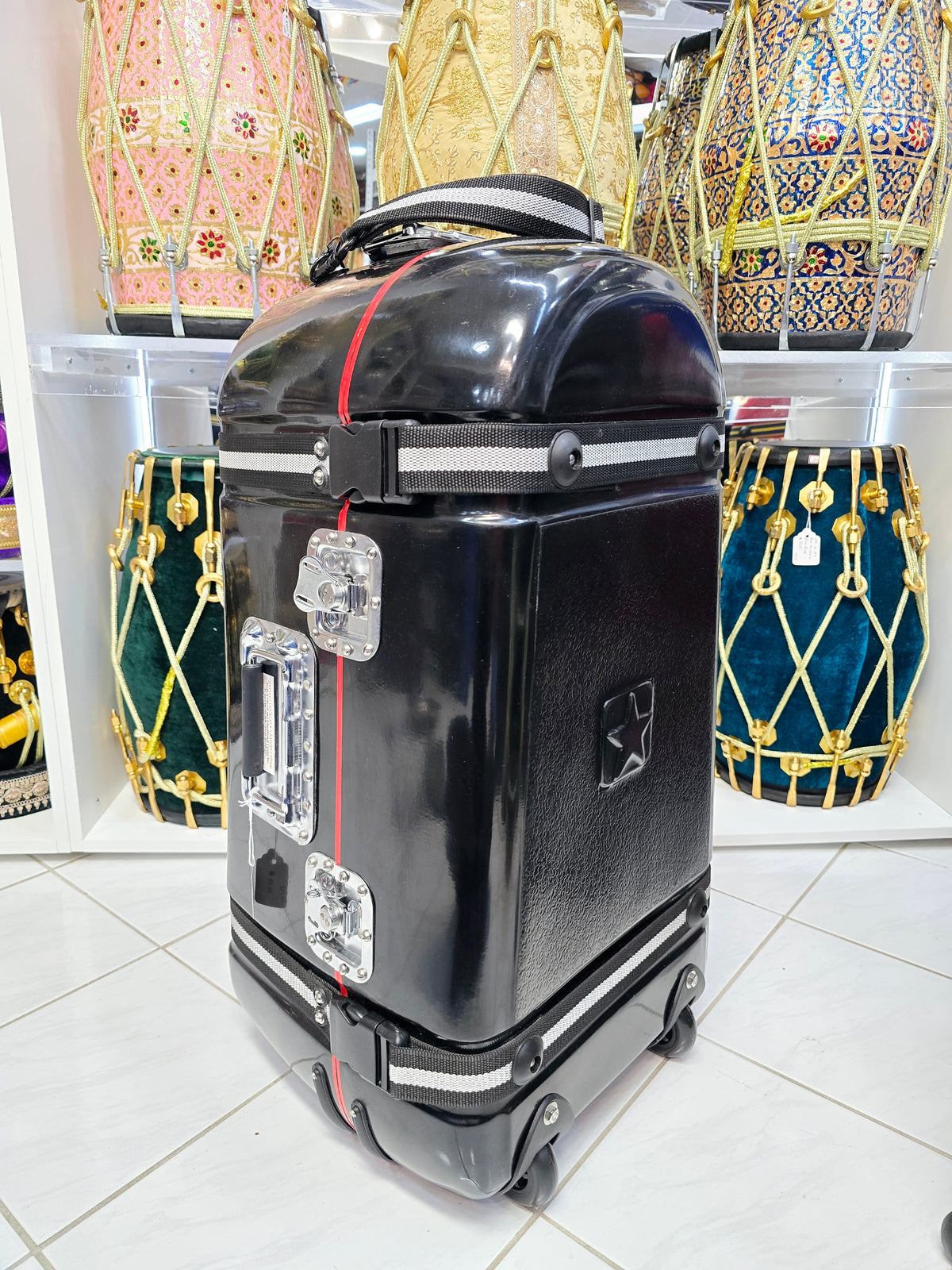 Sangeet Glide: Standard Black Tabla Case with Fixed Wheels (Black & White Stripes)