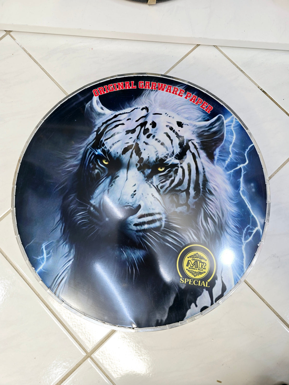 Royal Tiger 13.2" Dhol Treble Skin – White & Black Edition with Lightning Strikes