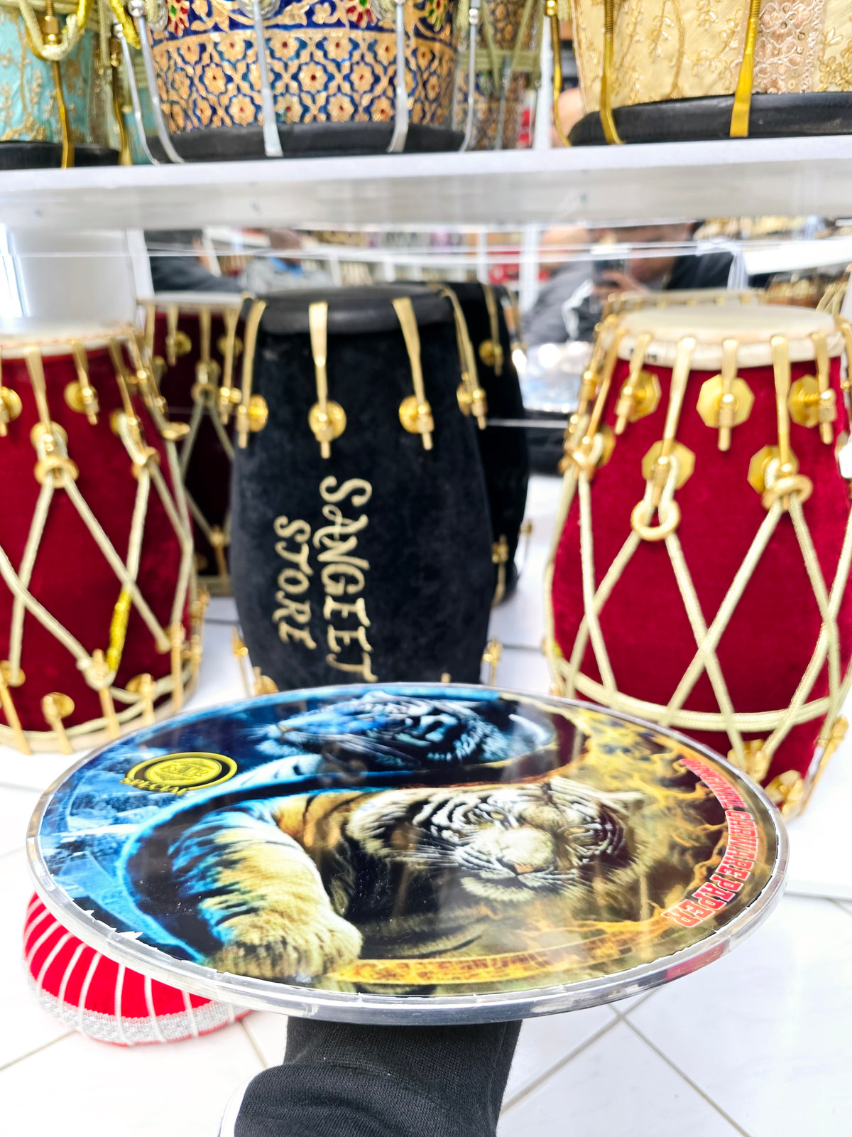 Dual Tiger 13.2" Dhol Treble Skin – Blue & Yellow Fire Edition - Sangeet Store