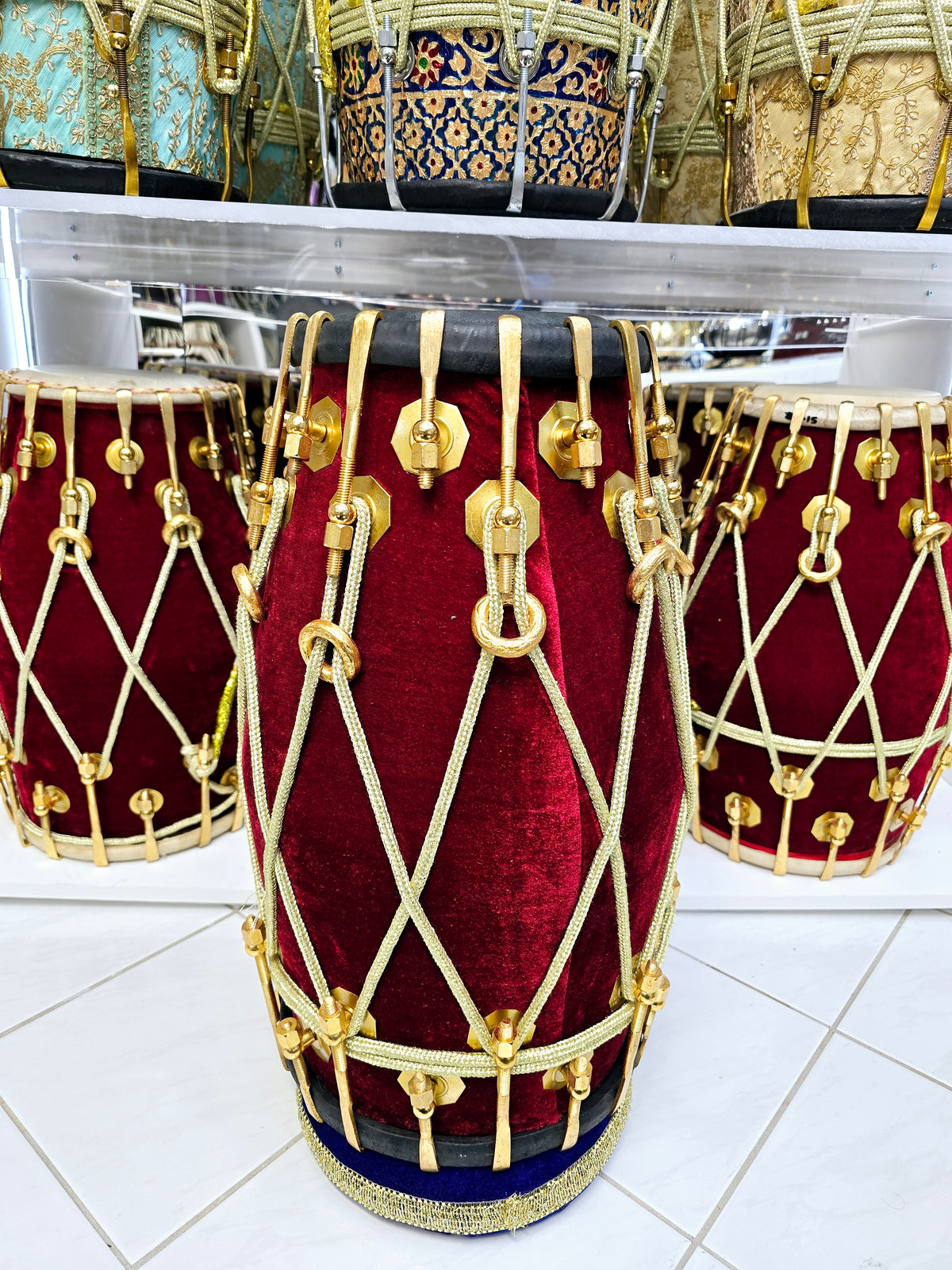 Velvet Ember Dholak: Red Sheesham with Black Skins & Golden Brass Double Bolts