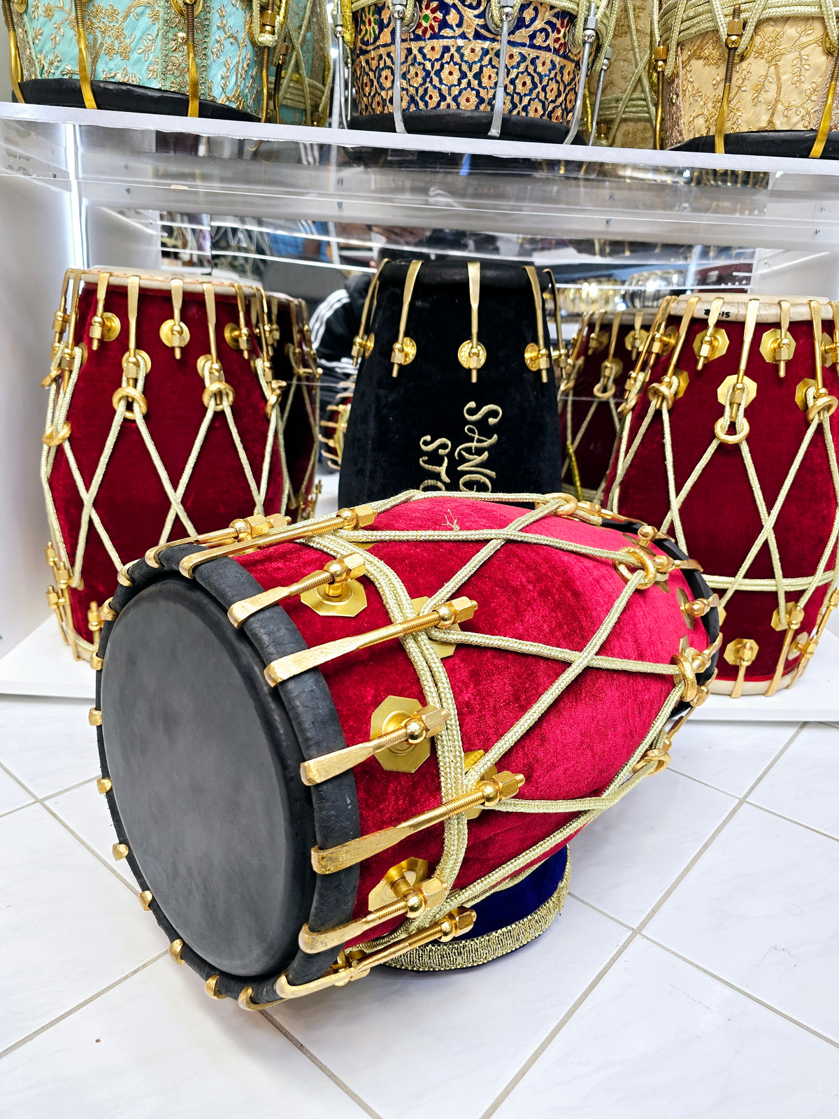Velvet Ember Dholak: Red Sheesham with Black Skins & Golden Brass Double Bolts