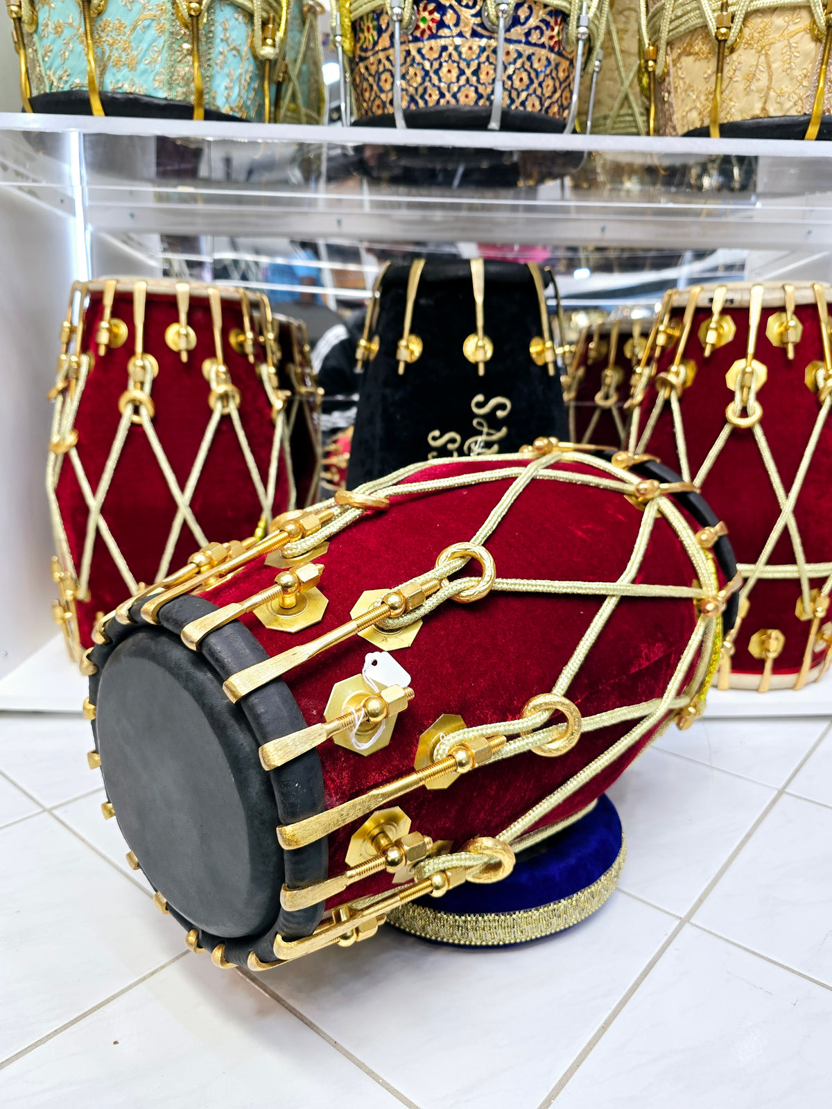 Velvet Ember Dholak: Red Sheesham with Black Skins & Golden Brass Double Bolts