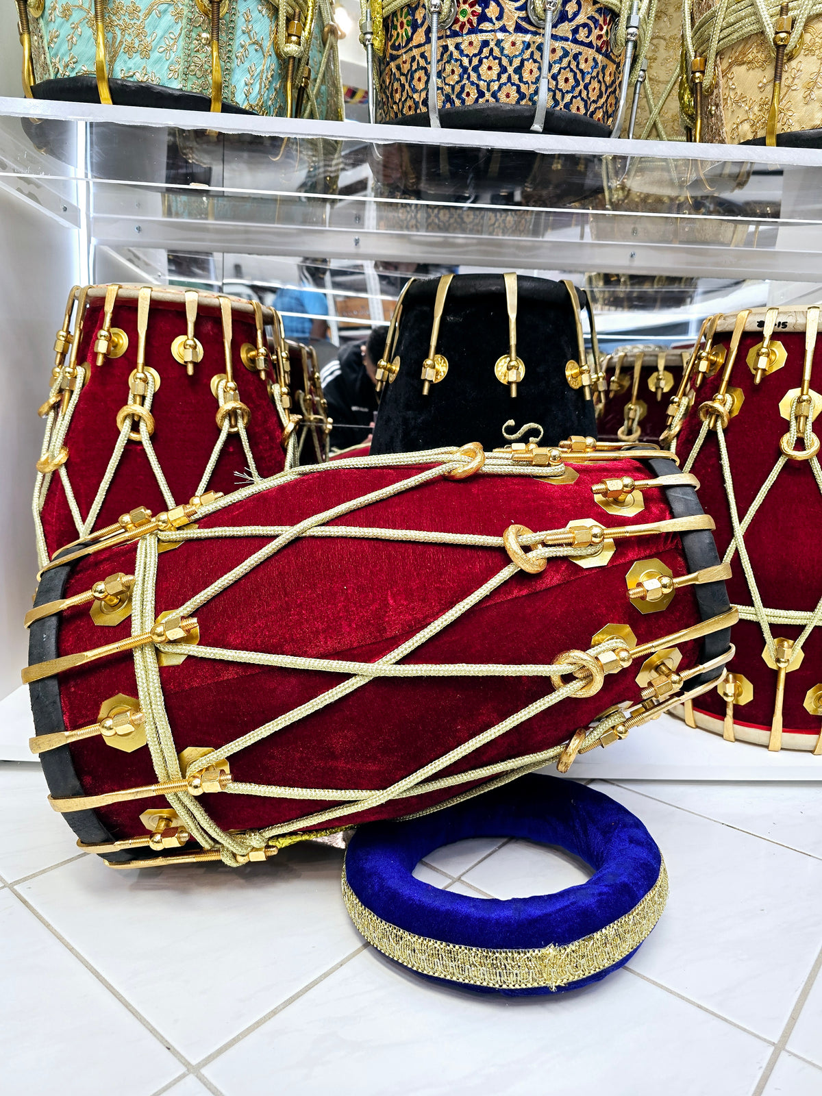 Velvet Ember Dholak: Red Sheesham with Black Skins & Golden Brass Double Bolts