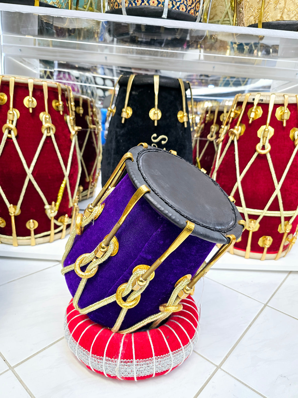 Velvet Majesty "Ember" Dholki-Toned F/F#/G/G# Half Dholak – Red Sheesham Wrapped in Purple Velvet with Golden Brass Bolts & Black Skins