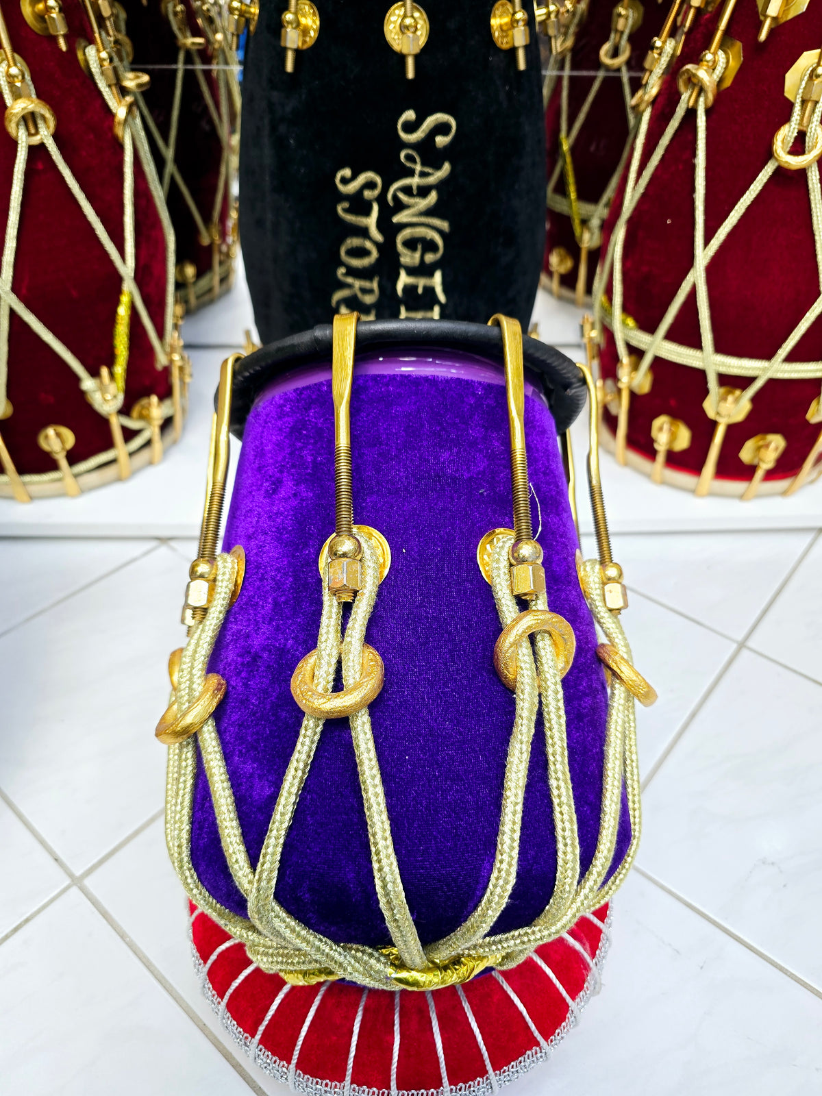 Velvet Majesty "Ember" Dholki-Toned F/F#/G/G# Half Dholak – Red Sheesham Wrapped in Purple Velvet with Golden Brass Bolts & Black Skins