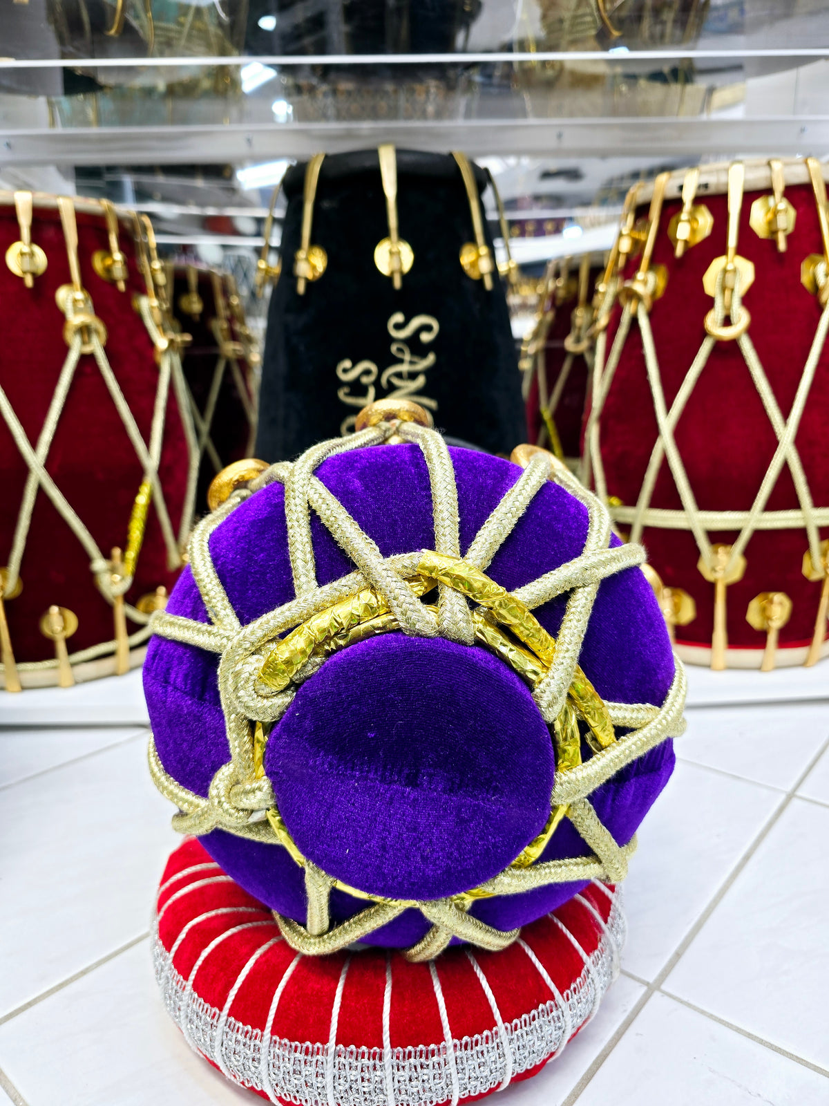 Velvet Majesty "Ember" Dholki-Toned F/F#/G/G# Half Dholak – Red Sheesham Wrapped in Purple Velvet with Golden Brass Bolts & Black Skins