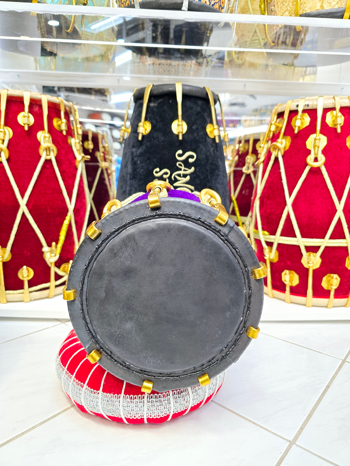 Velvet Majesty "Ember" Dholki-Toned F/F#/G/G# Half Dholak – Red Sheesham Wrapped in Purple Velvet with Golden Brass Bolts & Black Skins