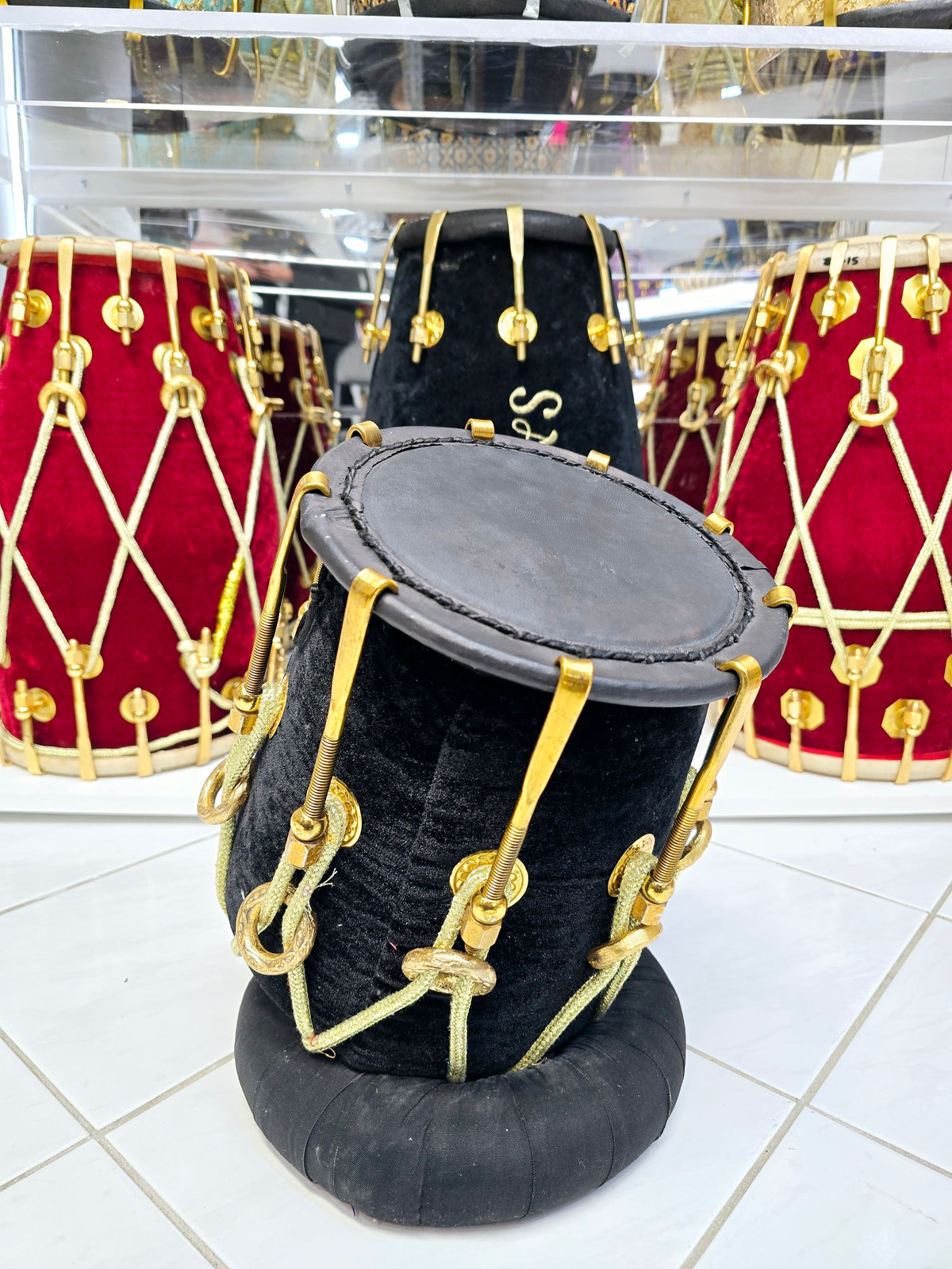 Eclipsed Harmony: Red Sheesham Dholki-Tone Half-Dholak with Black Velvet Wrap, Golden Brass Bolts, and Ebony Black Skin