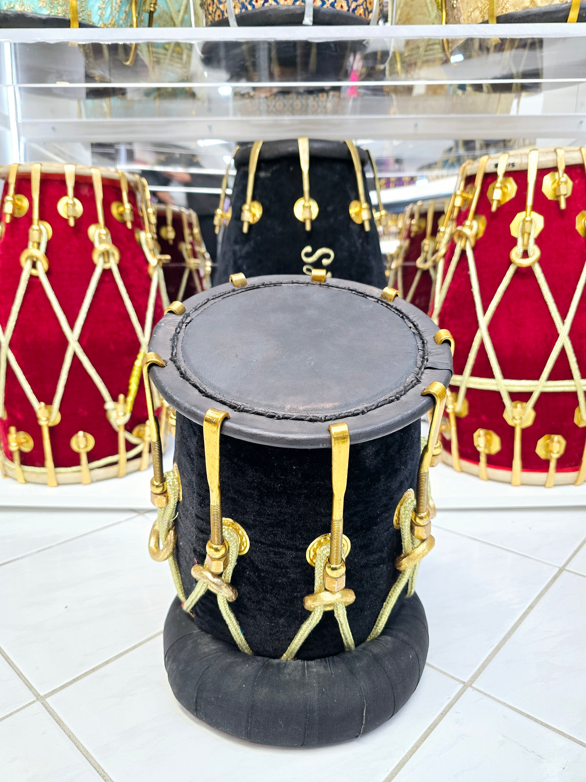 Eclipsed Harmony: Red Sheesham Dholki-Tone Half-Dholak with Black Velvet Wrap, Golden Brass Bolts, and Ebony Black Skin