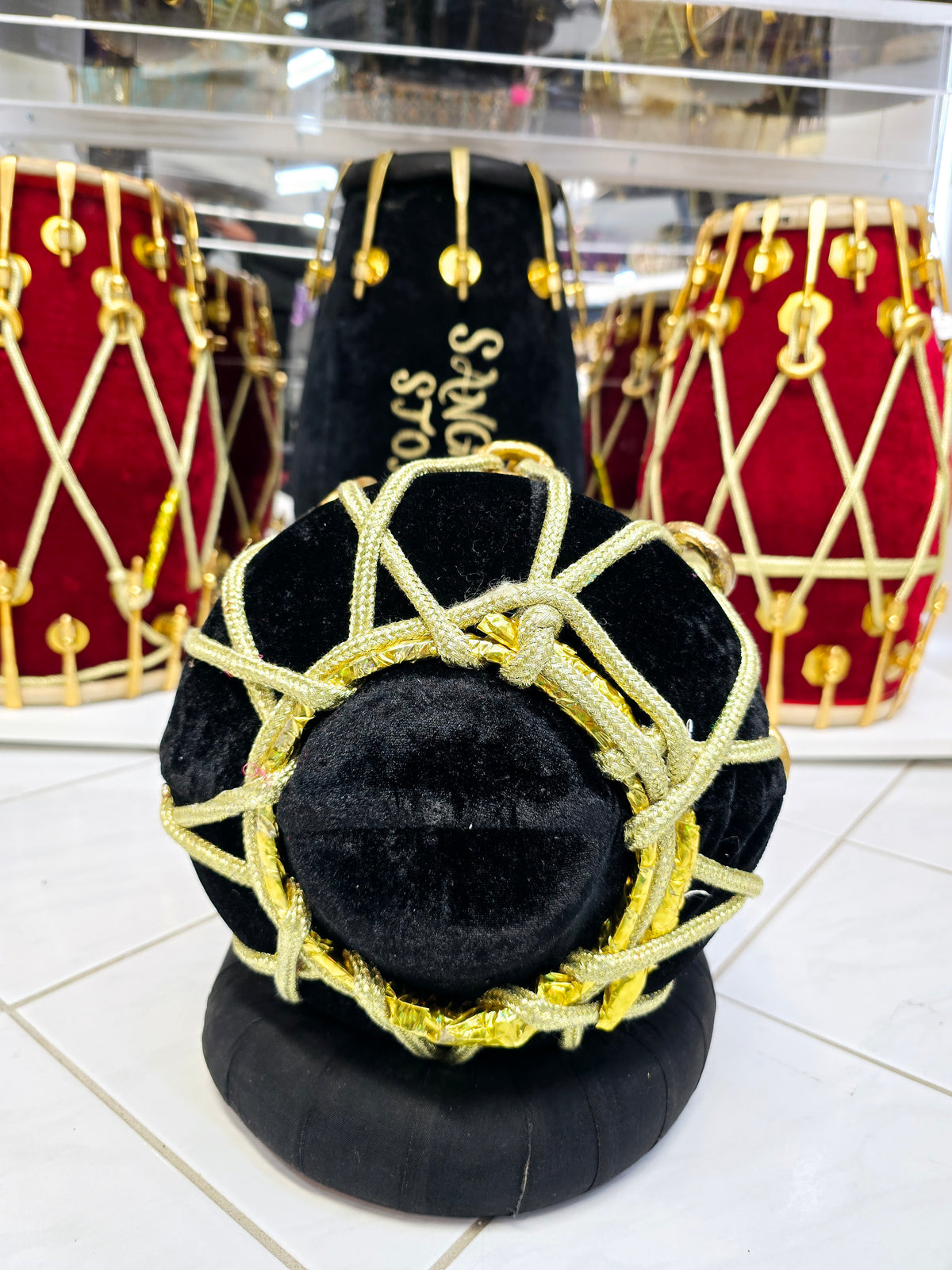 Eclipsed Harmony: Red Sheesham Dholki-Tone Half-Dholak with Black Velvet Wrap, Golden Brass Bolts, and Ebony Black Skin