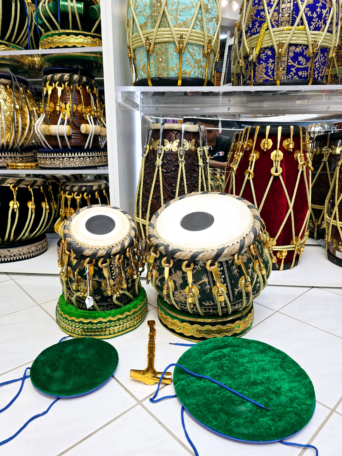 Emerald Symphony: Green Sherwani-Wrapped Red Sheesham Dayan & Copper Bayan Tabla Set with Gold Bolts – 9.25” Bayan, 5.25” F/F#/G/G# Dayan