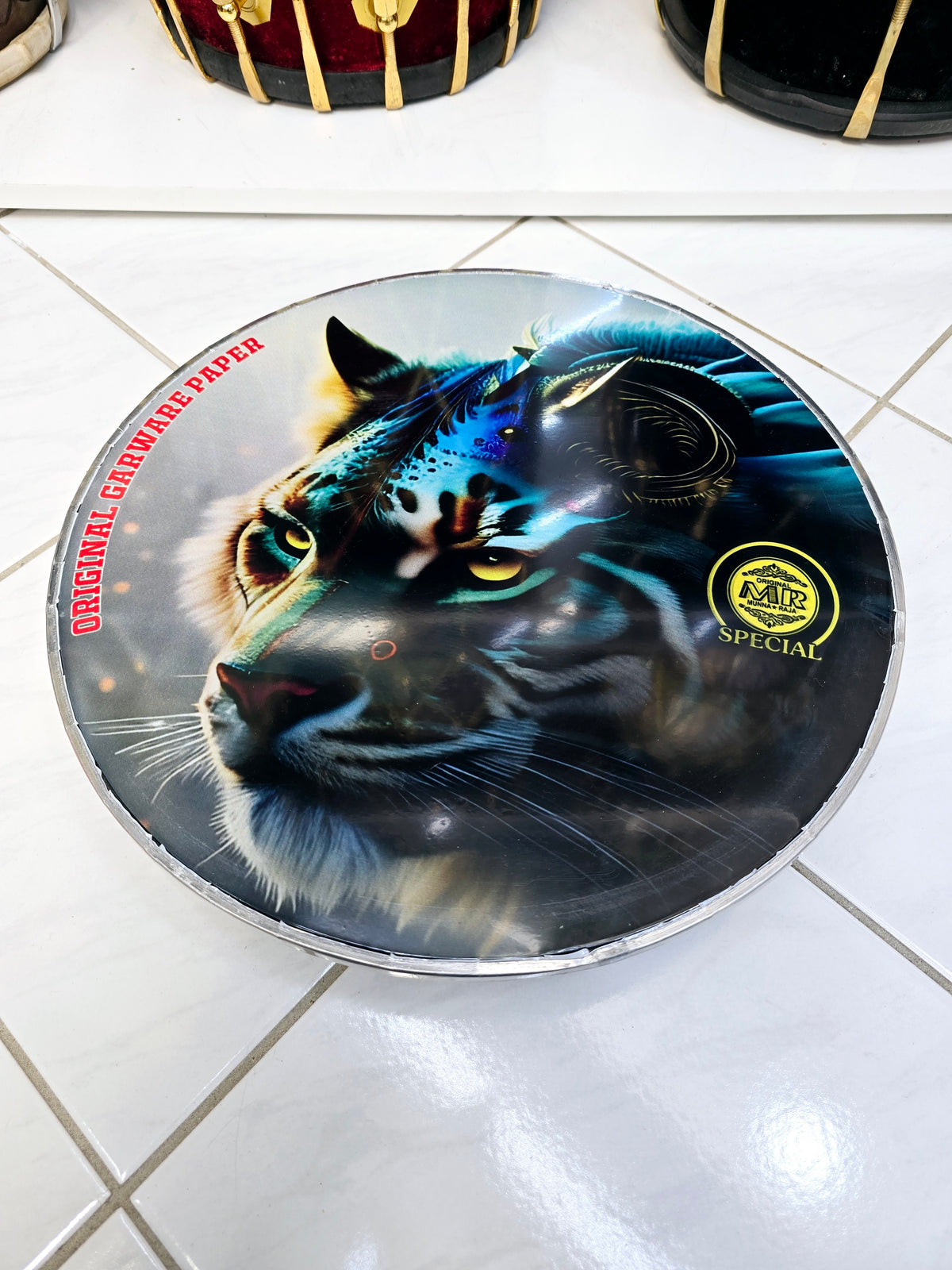 Emerald Roar 13" Dhol Treble Skin – Blue & Green Tinted Tiger Design - Sangeet Store