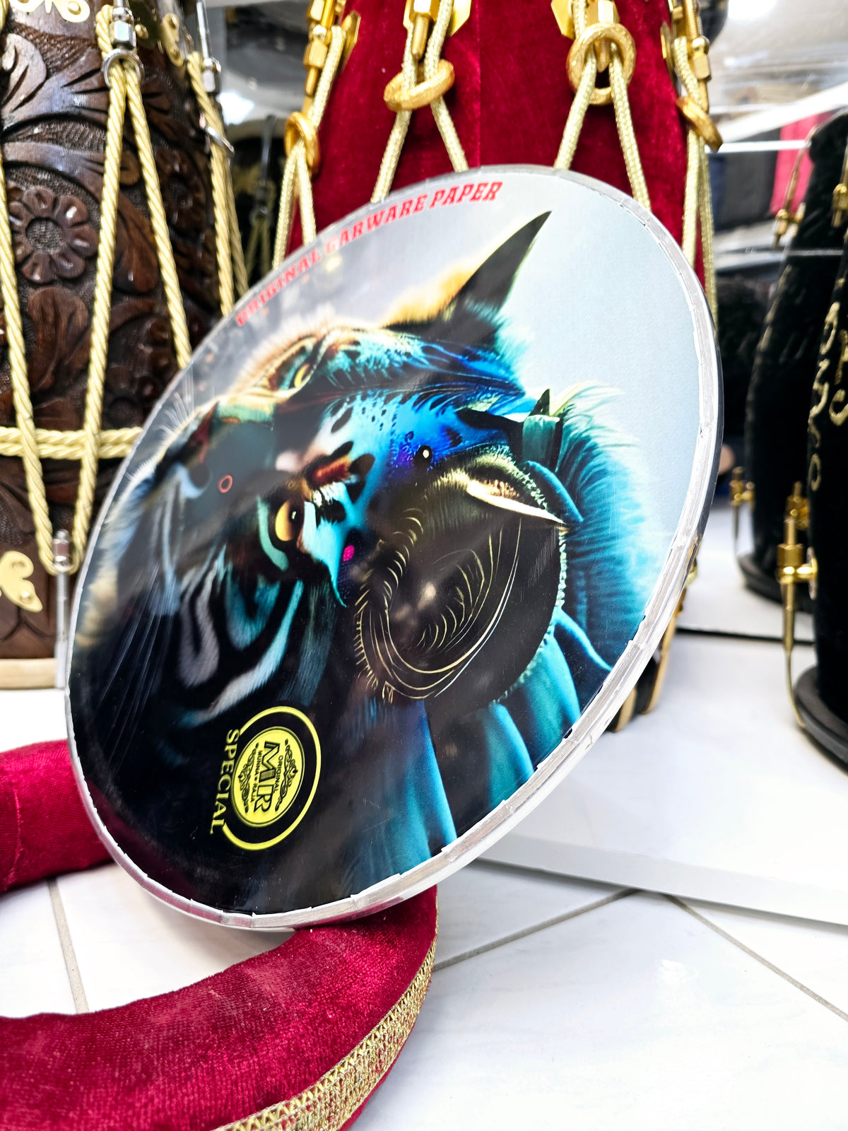 Emerald Roar 13" Dhol Treble Skin – Blue & Green Tinted Tiger Design - Sangeet Store