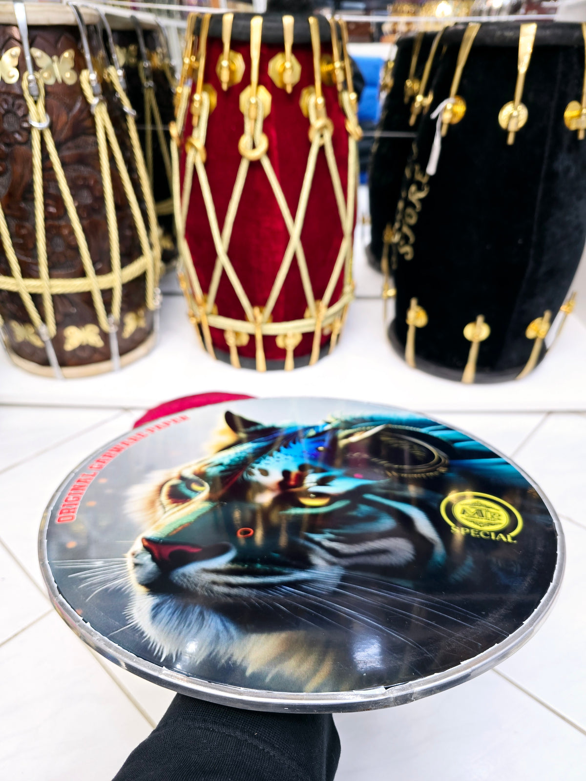 Emerald Roar 13" Dhol Treble Skin – Blue & Green Tinted Tiger Design - Sangeet Store