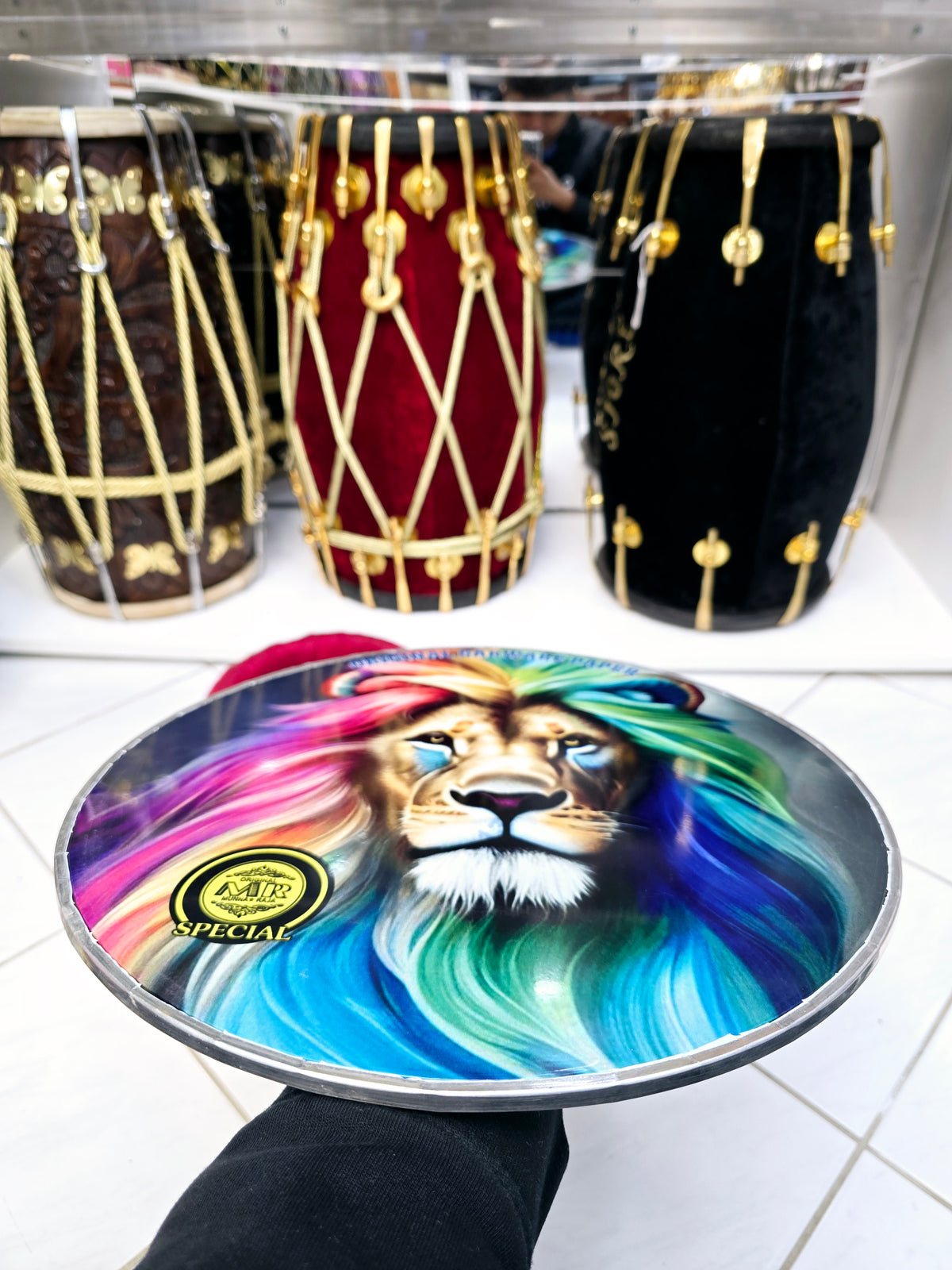 Majestic Mane 13" Dhol Treble Skin – Lion with Colorful Hair - Sangeet Store