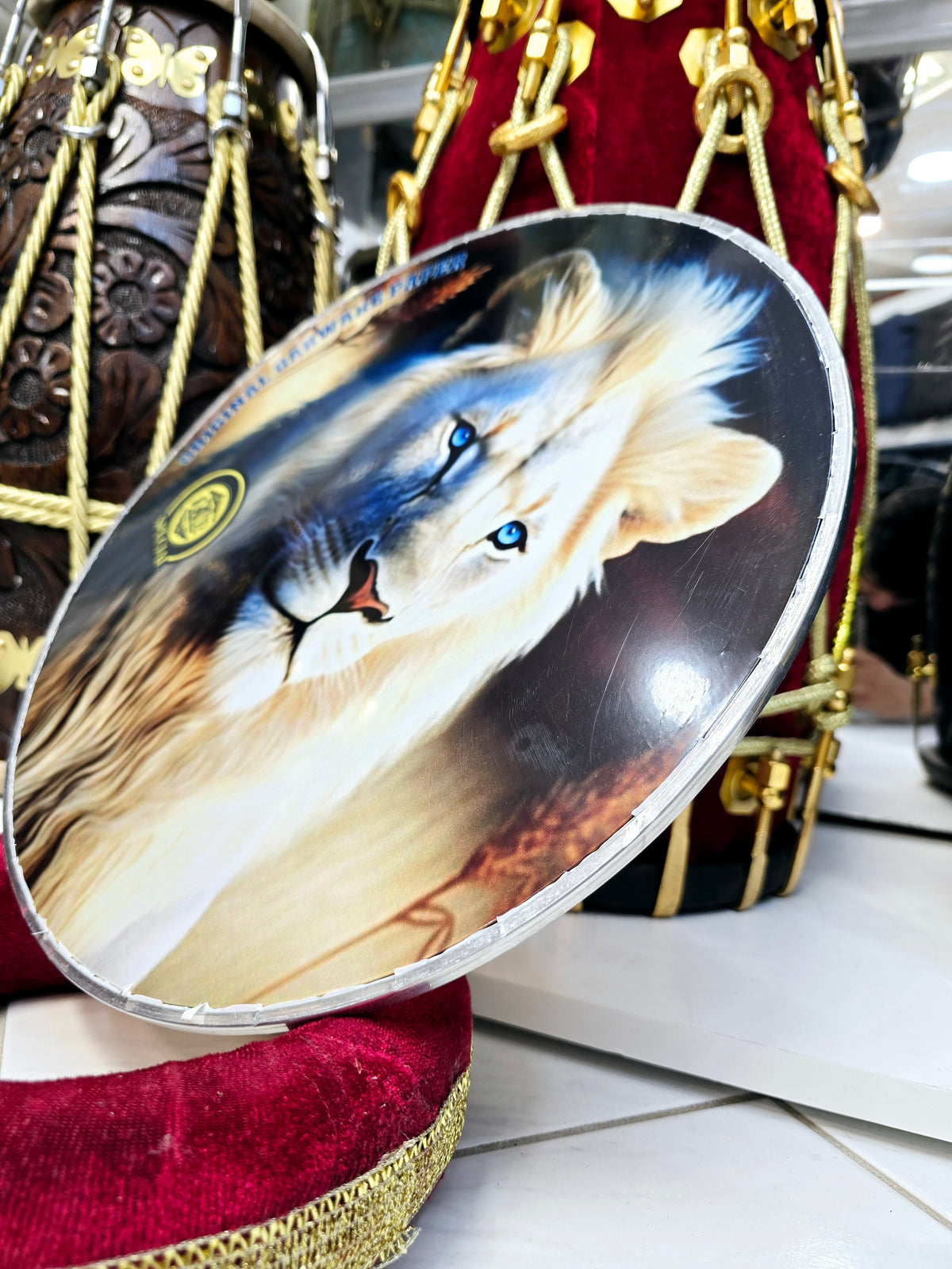 Sapphire Majesty 13.2" Dhol Treble Skin – White Lion with Blue Eyes - Sangeet Store