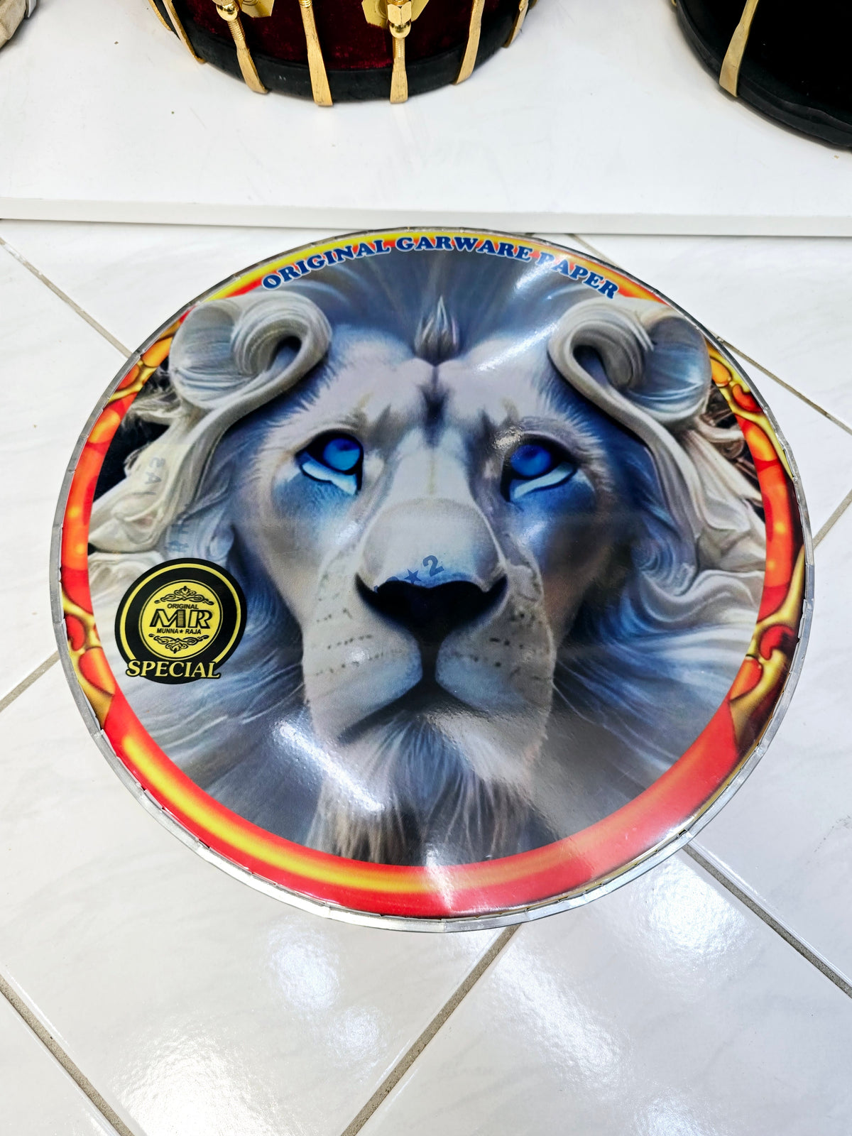 Luminous Majesty 13.2" Dhol Treble Skin – White Lion with Blue Eyes Close-Up - Sangeet Store