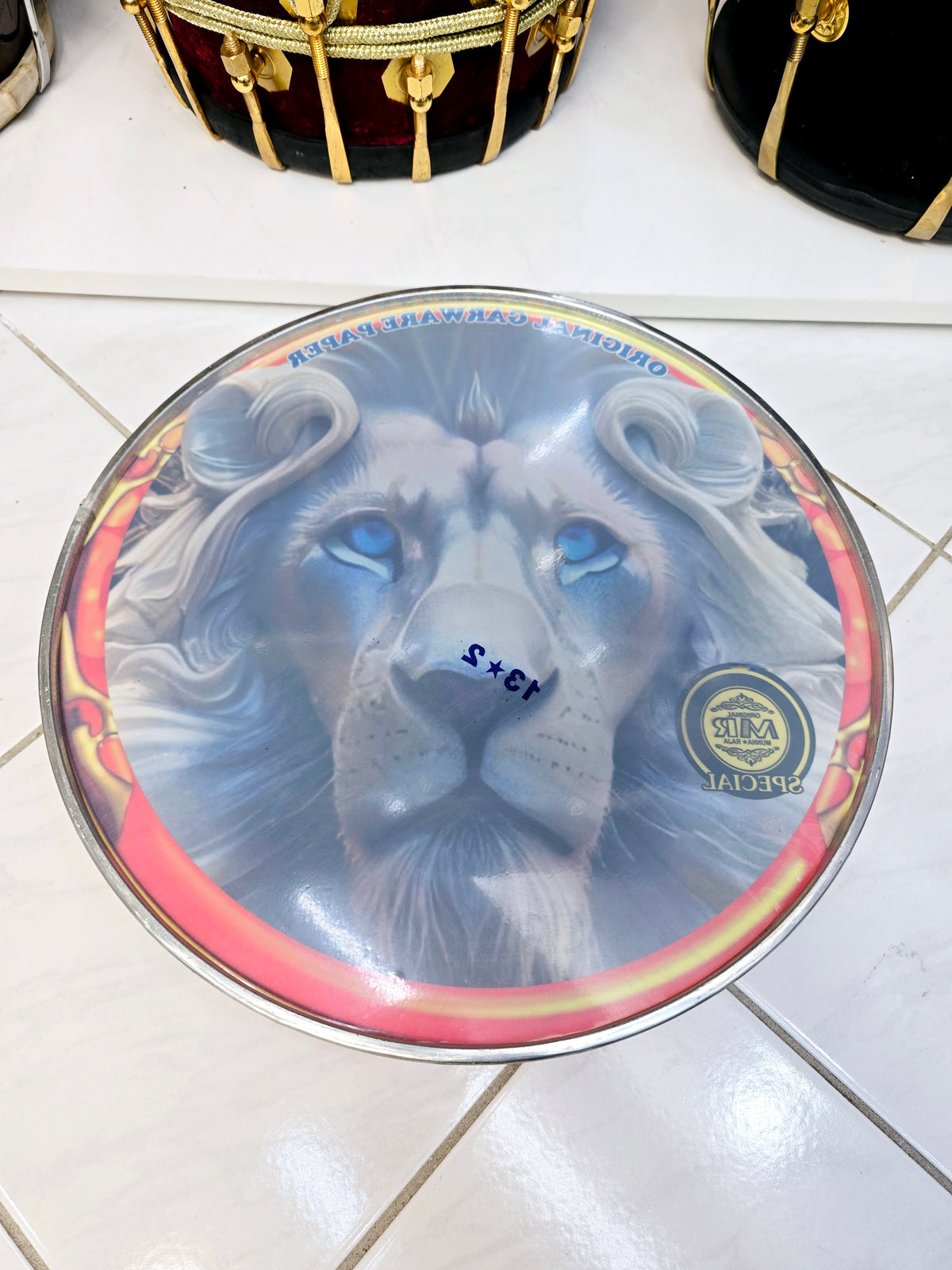 Luminous Majesty 13.2" Dhol Treble Skin – White Lion with Blue Eyes Close-Up - Sangeet Store