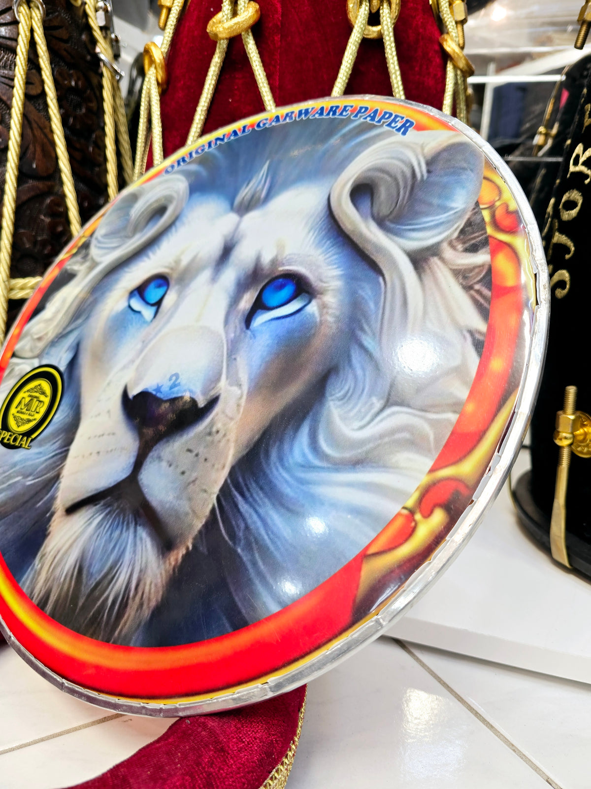 Luminous Majesty 13.2" Dhol Treble Skin – White Lion with Blue Eyes Close-Up - Sangeet Store
