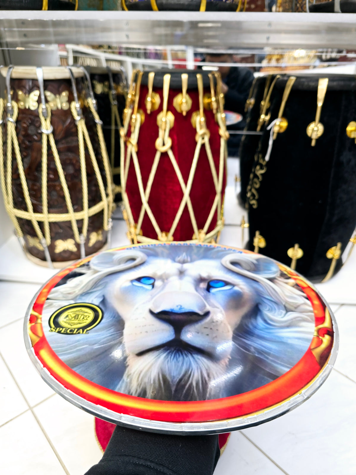 Luminous Majesty 13.2" Dhol Treble Skin – White Lion with Blue Eyes Close-Up - Sangeet Store