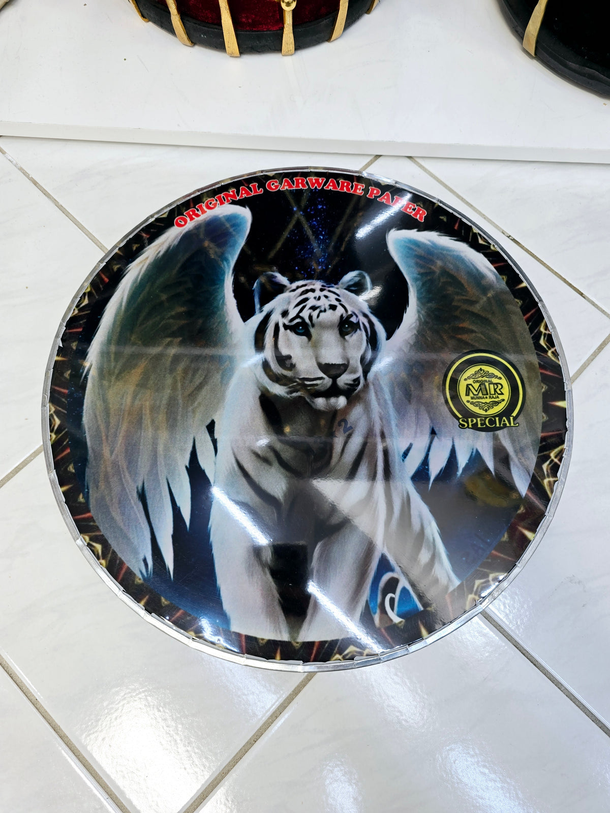 Celestial Fury 13.2" Dhol Treble Skin – White Tiger with Angel Wings on Blue Space Background - Sangeet Store