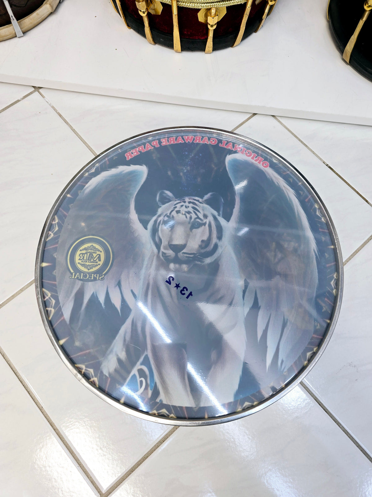 Celestial Fury 13.2" Dhol Treble Skin – White Tiger with Angel Wings on Blue Space Background - Sangeet Store