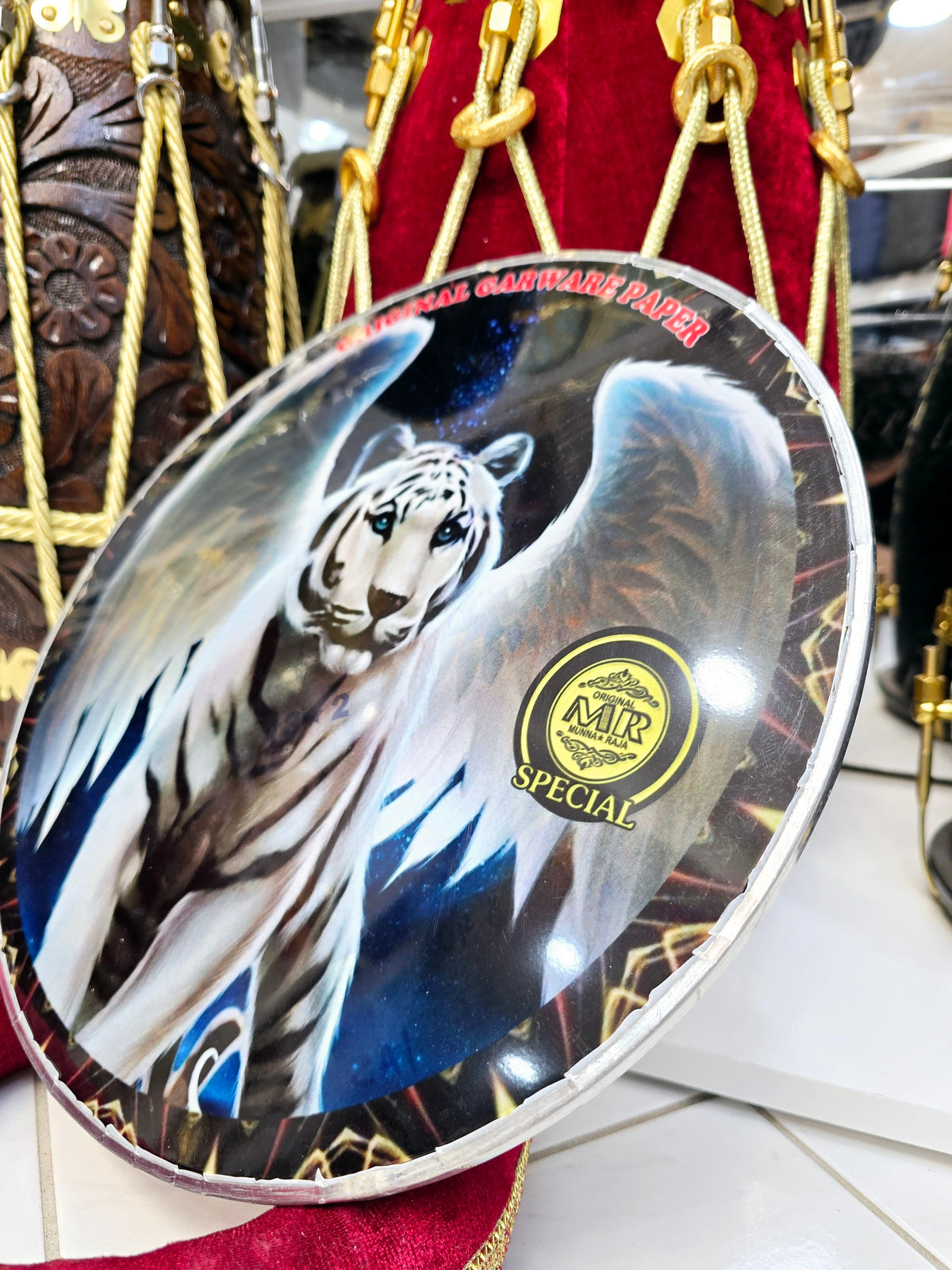 Celestial Fury 13.2" Dhol Treble Skin – White Tiger with Angel Wings on Blue Space Background - Sangeet Store