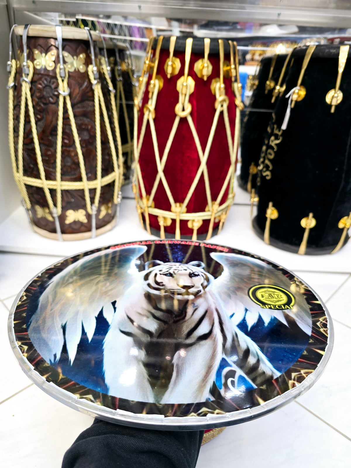 Celestial Fury 13.2" Dhol Treble Skin – White Tiger with Angel Wings on Blue Space Background - Sangeet Store