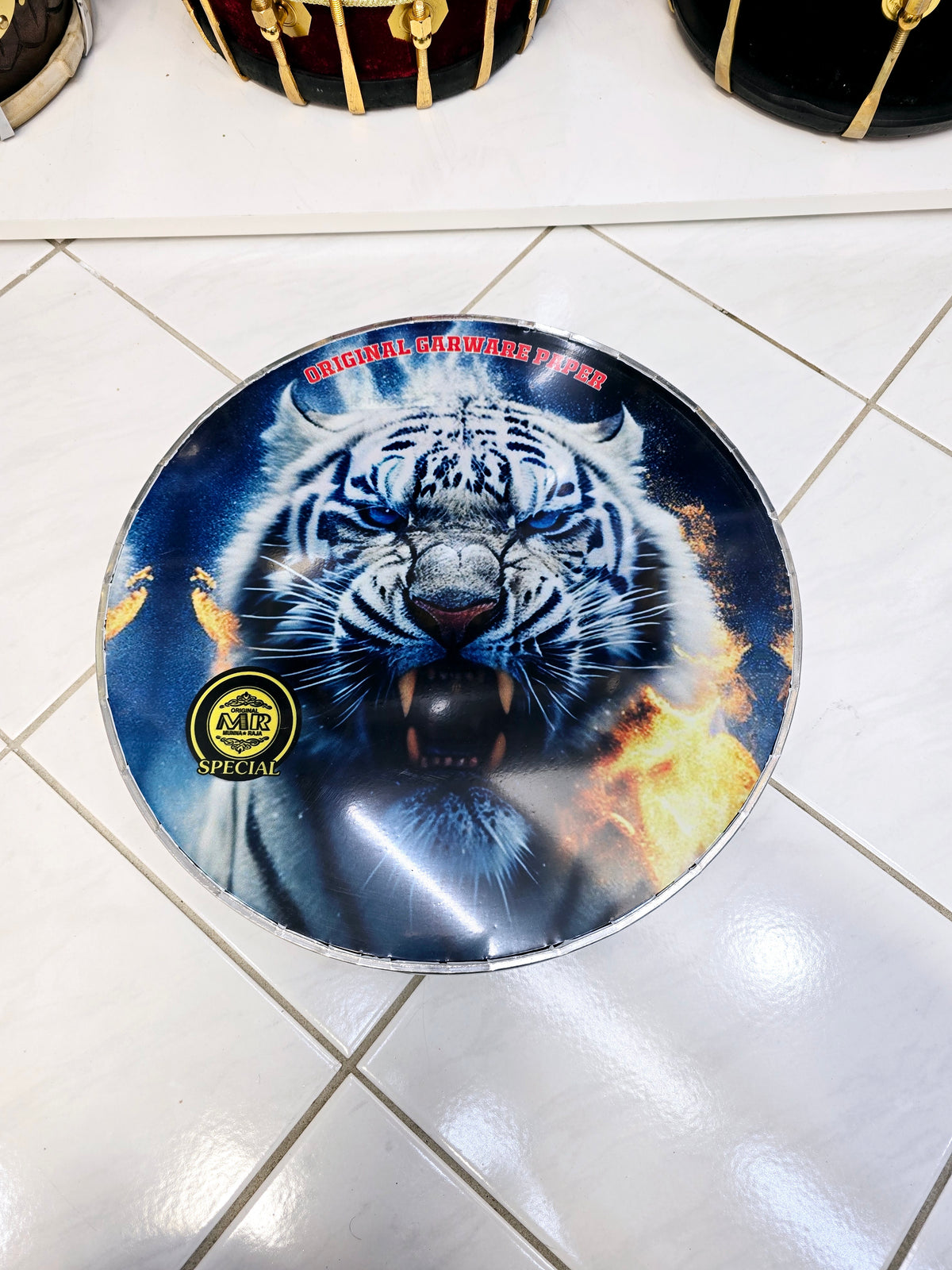 Inferno Frost 13.6" Dhol Treble Skin – White Tiger with Blue Eyes, Surrounded by Fire & Blue Tint - Sangeet Store