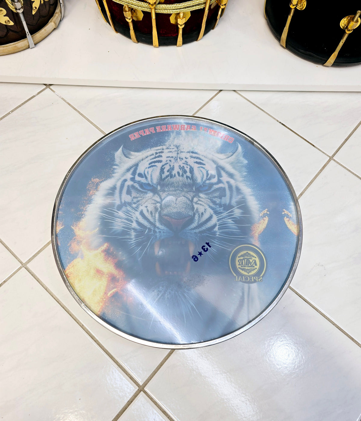Inferno Frost 13.6" Dhol Treble Skin – White Tiger with Blue Eyes, Surrounded by Fire & Blue Tint - Sangeet Store
