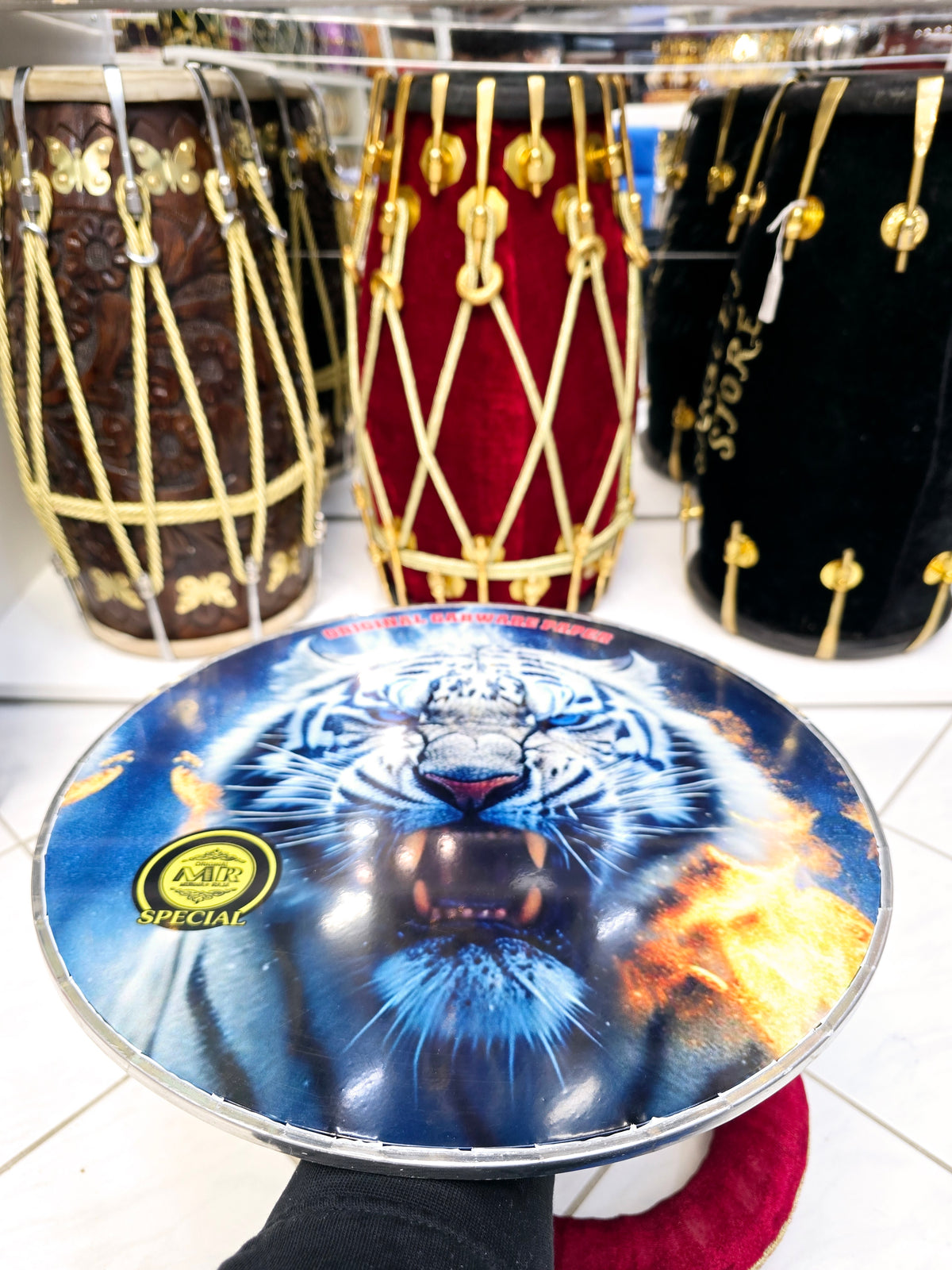 Inferno Frost 13.6" Dhol Treble Skin – White Tiger with Blue Eyes, Surrounded by Fire & Blue Tint - Sangeet Store