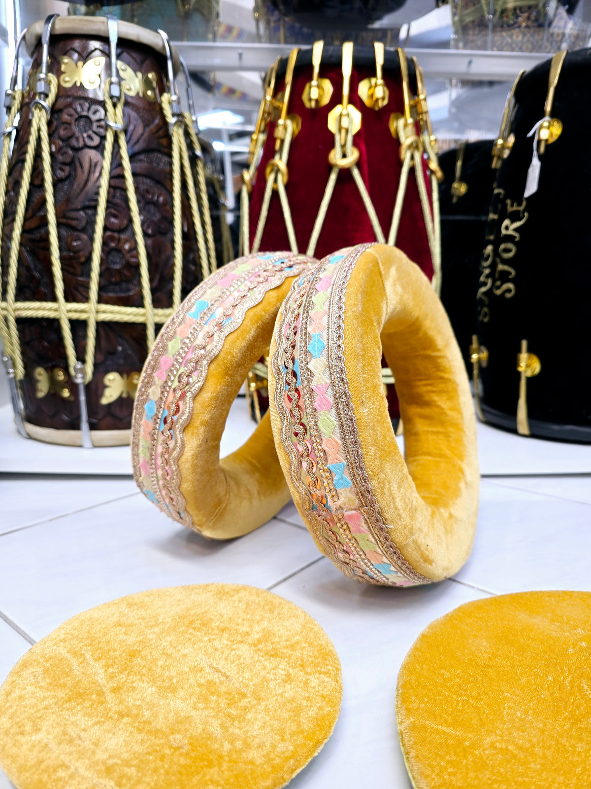 Royal Harmony Tabla Rings Set with Covers – Golden Cream with Multi-Colored Premium Design