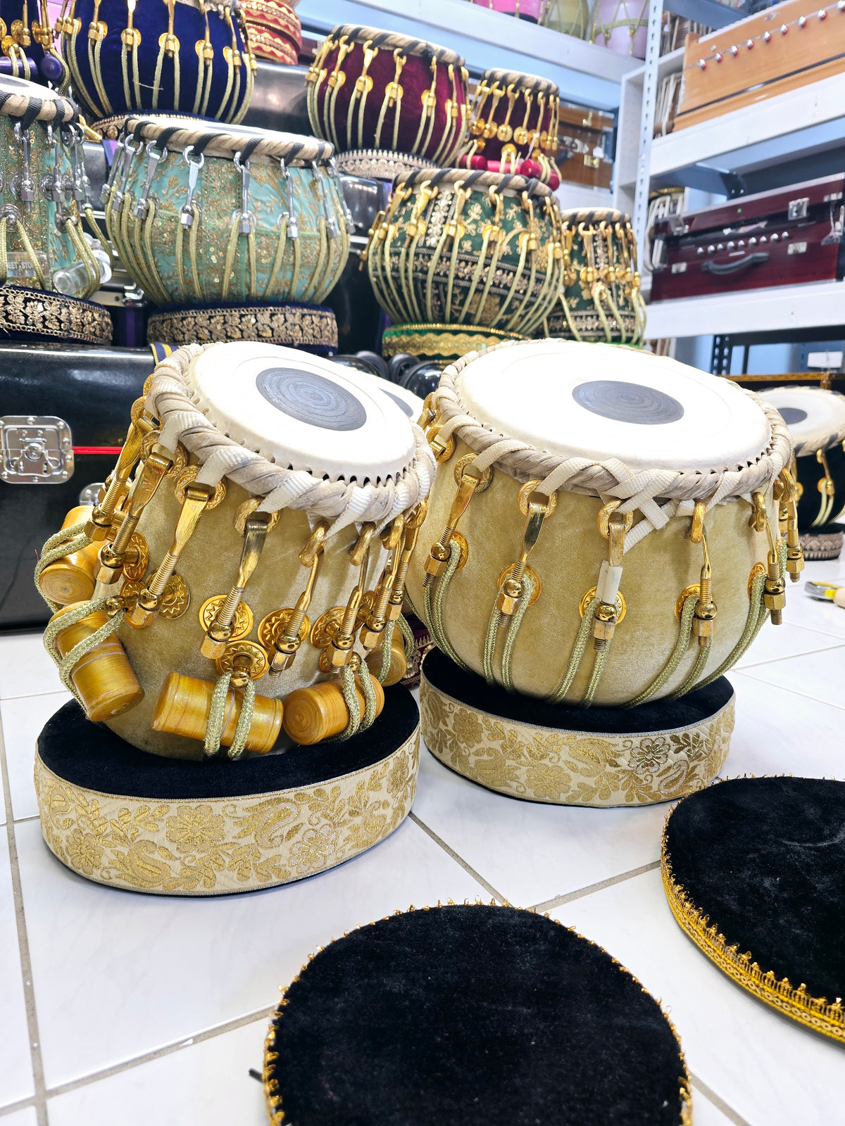 Golden Resonance Velvet Tabla Set – Red Sheesham Dayan & Copper Bayan with Pure Brass Bolts *Very Slight Ringing Sound*  *Rings & Covers Replaced with Golden Velvet Coloured Ones (See Final Picture)*