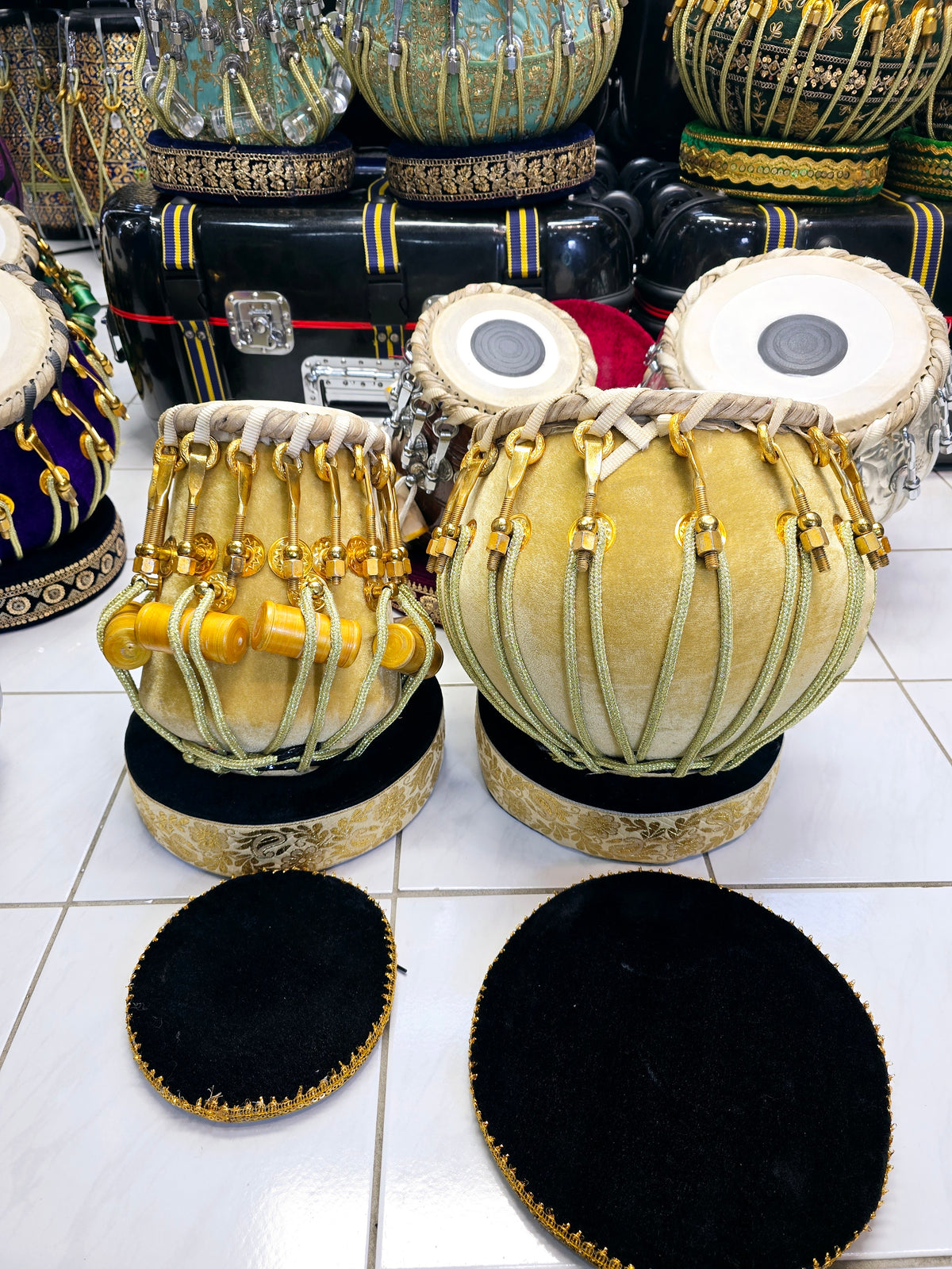 Golden Resonance Velvet Tabla Set – Red Sheesham Dayan & Copper Bayan with Pure Brass Bolts *Very Slight Ringing Sound*  *Rings & Covers Replaced with Golden Velvet Coloured Ones (See Final Picture)*