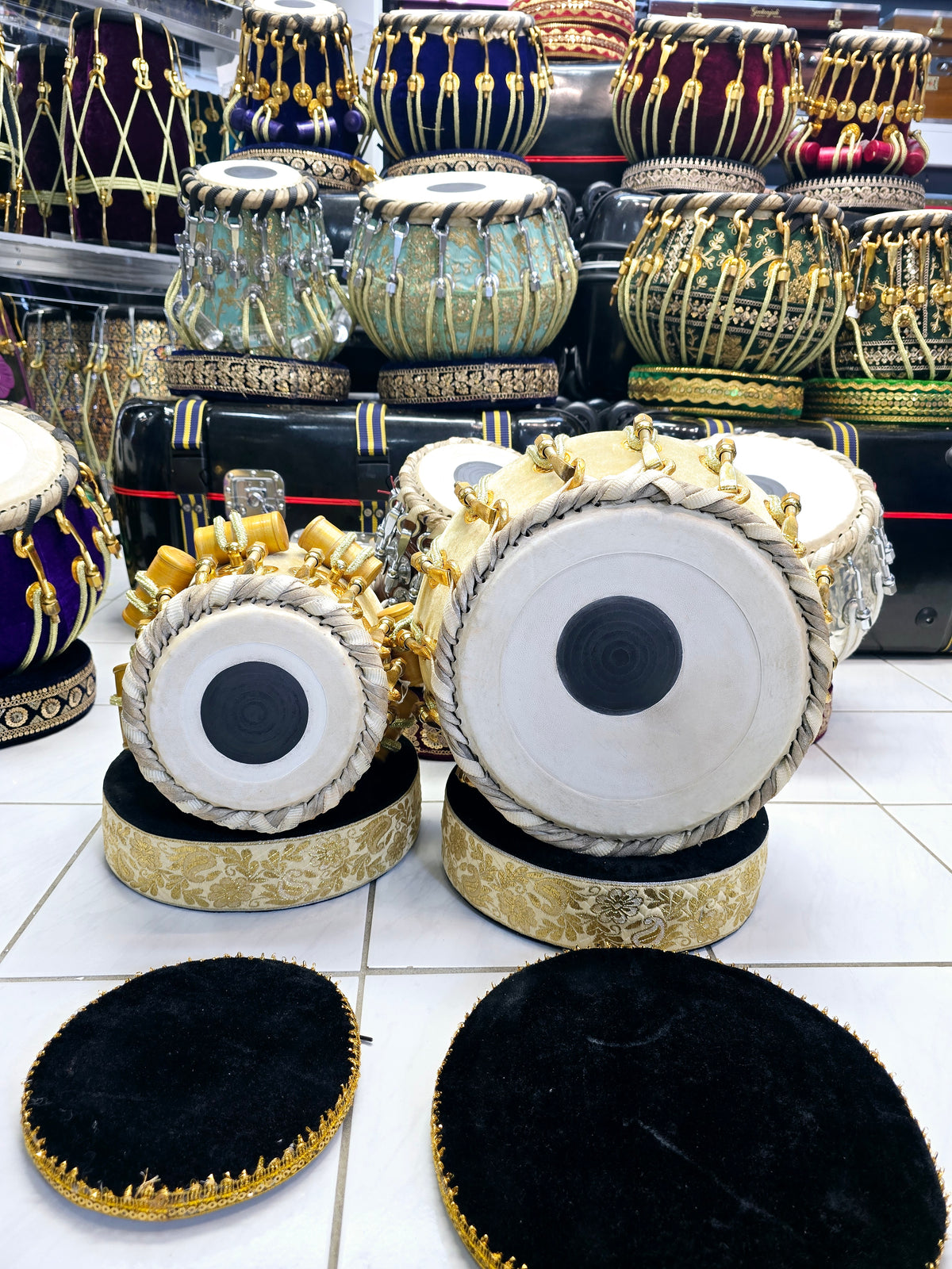 Golden Resonance Velvet Tabla Set – Red Sheesham Dayan & Copper Bayan with Pure Brass Bolts *Very Slight Ringing Sound*  *Rings & Covers Replaced with Golden Velvet Coloured Ones (See Final Picture)*