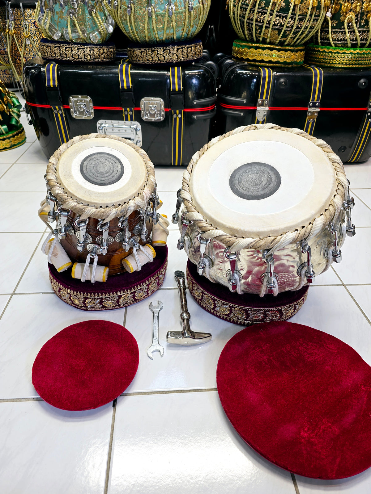 Chrome Reverie Tabla Set – 5.75" Red Sheesham Dayan & 9.25" Engraved Silver Copper Bayan with Chrome Bolts