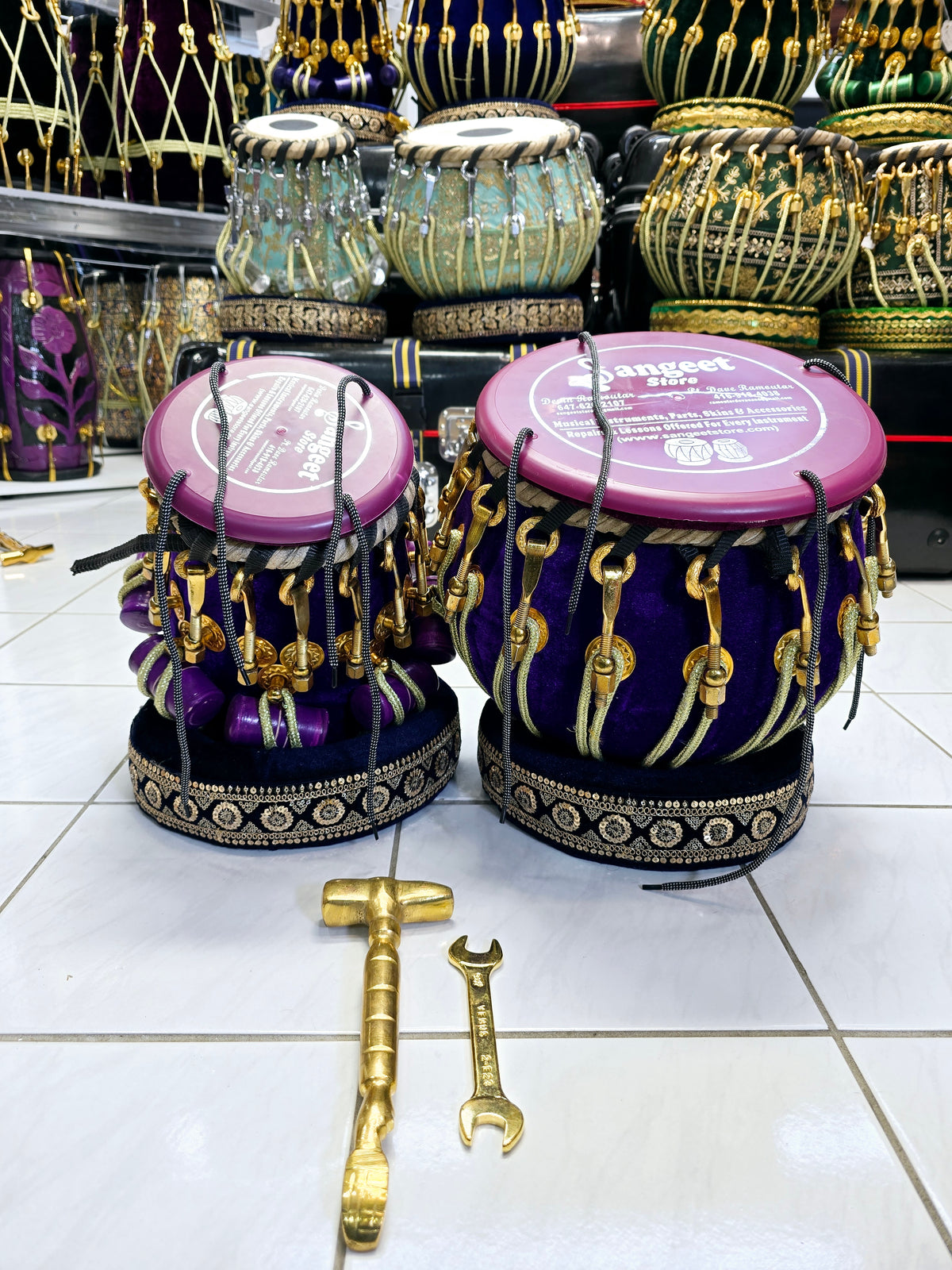 Royal Velvet Tabla Set – 5.75" Red Sheesham Dayan (D/D#) & 9.25" Copper Bayan Wrapped in Purple Velvet