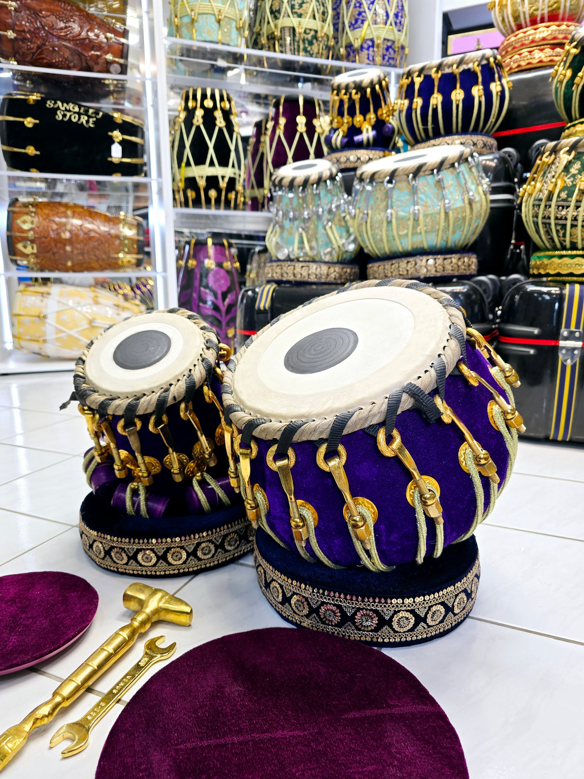 Royal Velvet Tabla Set – 5.75" Red Sheesham Dayan (D/D#) & 9.25" Copper Bayan Wrapped in Purple Velvet