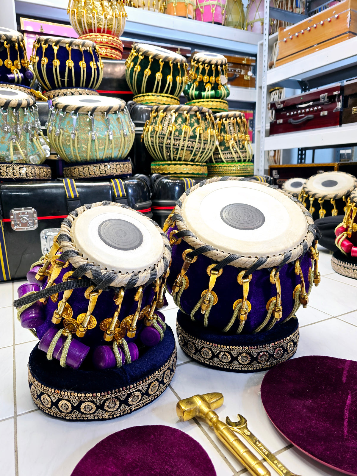 Royal Velvet Tabla Set – 5.75" Red Sheesham Dayan (D/D#) & 9.25" Copper Bayan Wrapped in Purple Velvet