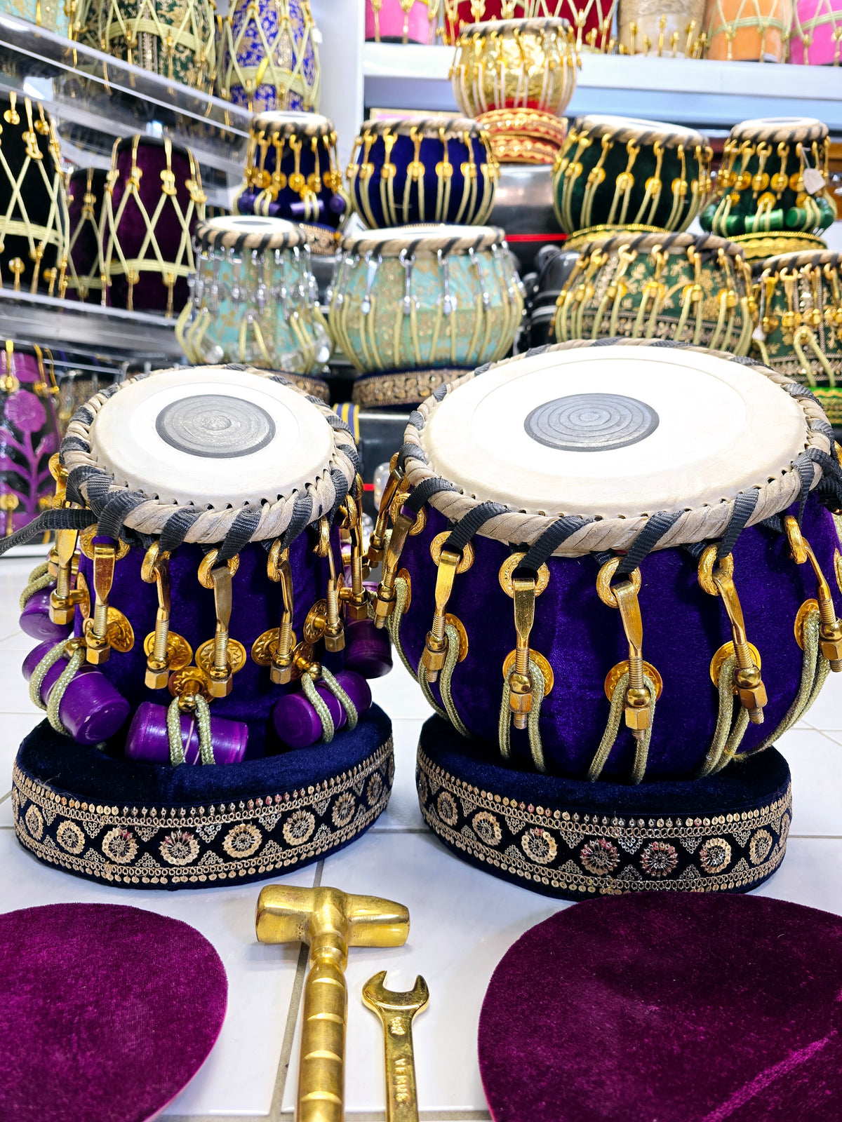 Royal Velvet Tabla Set – 5.75" Red Sheesham Dayan (D/D#) & 9.25" Copper Bayan Wrapped in Purple Velvet