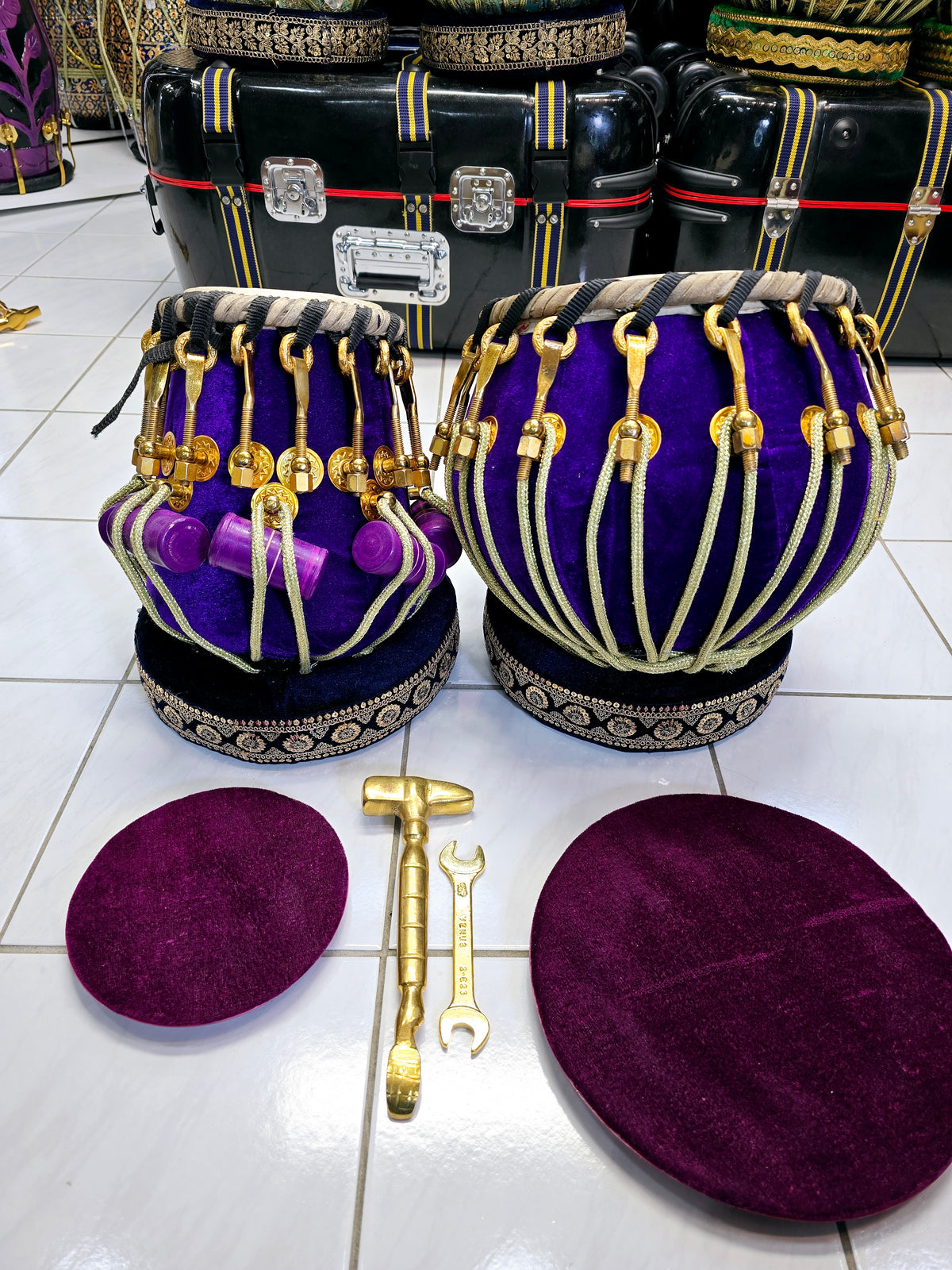 Royal Velvet Tabla Set – 5.75" Red Sheesham Dayan (D/D#) & 9.25" Copper Bayan Wrapped in Purple Velvet