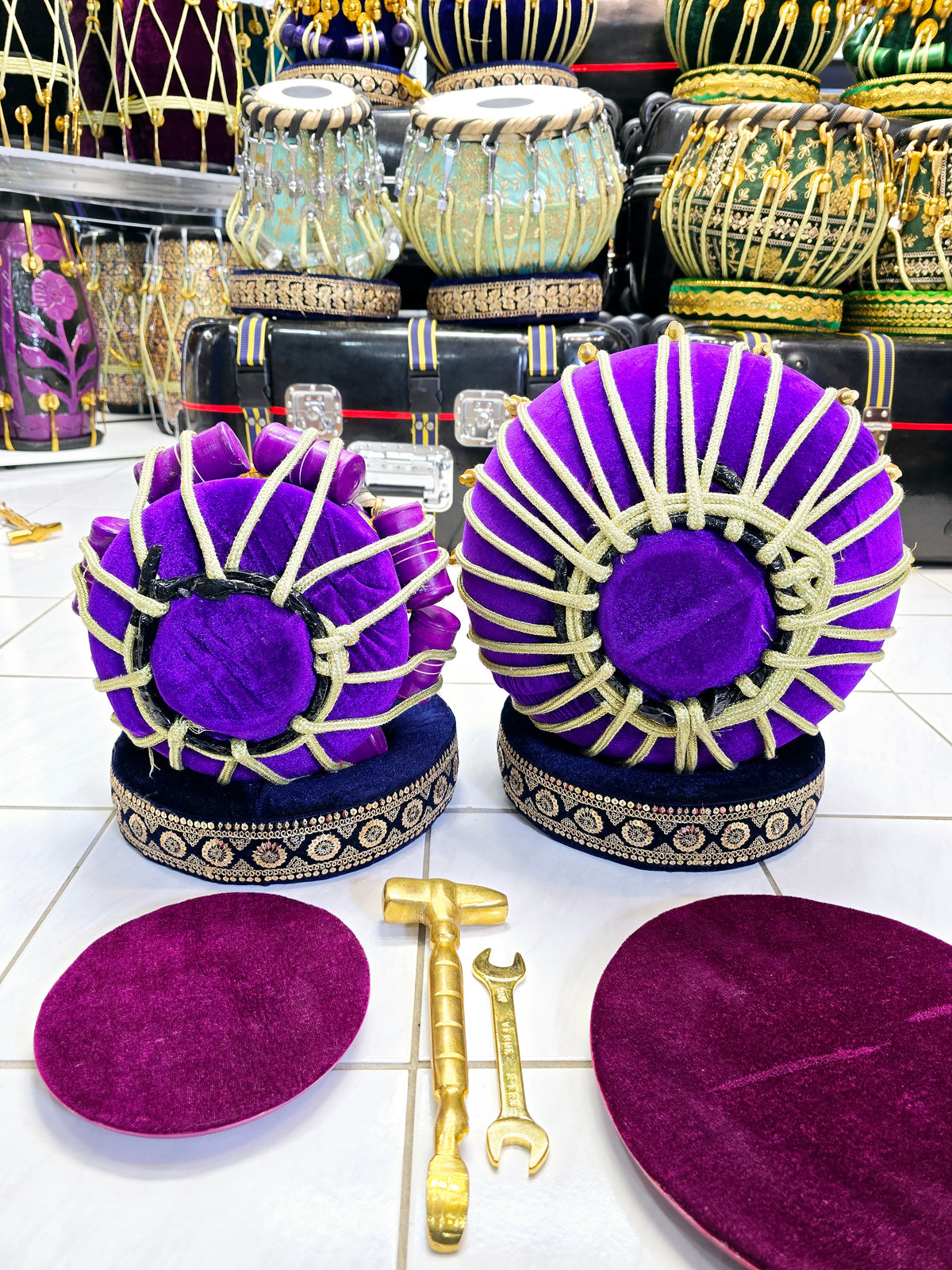 Royal Velvet Tabla Set – 5.75" Red Sheesham Dayan (D/D#) & 9.25" Copper Bayan Wrapped in Purple Velvet