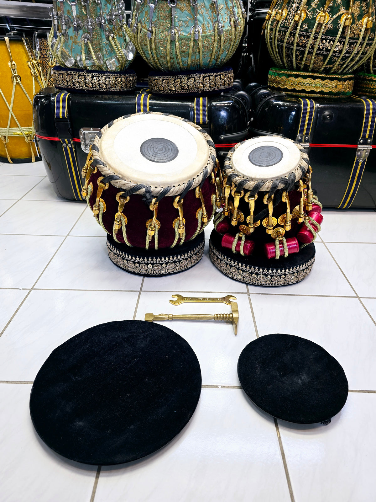 Crimson Majesty Tabla Set – 5.25" Red Sheesham Dayan (D/D#) & 9.25" Copper Bayan Wrapped in Dark Red Velvet